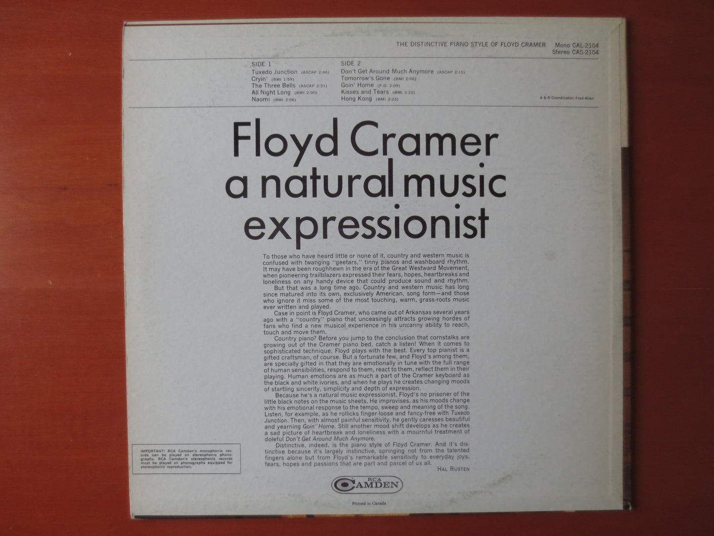 FLOYD CRAMER, DISTINCTIVE Piano, Country Record, Ragtime Records, Honky Tonk Records, Vinyl Record, Vinyl Lp, 1966 Records