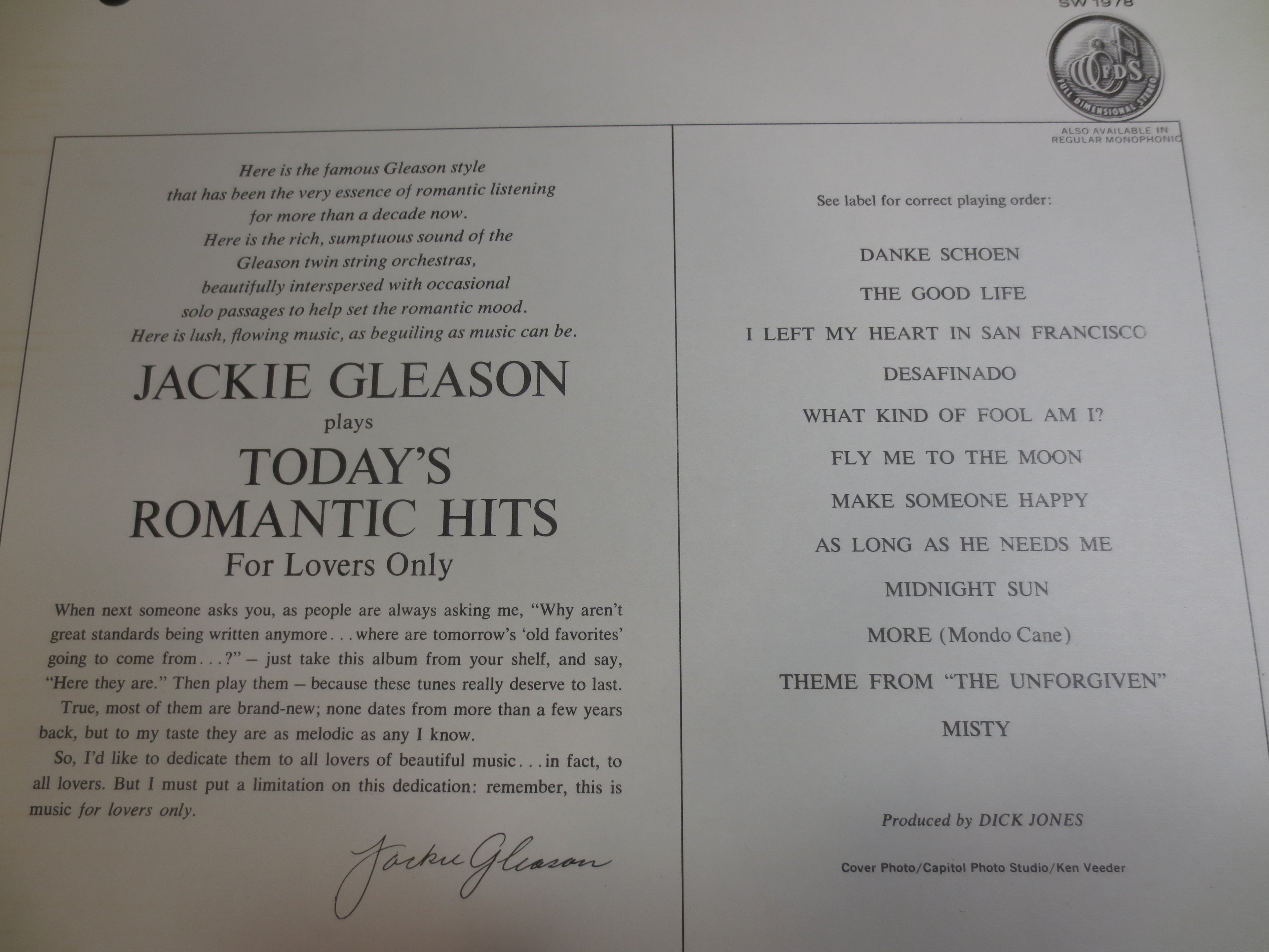 Jackie Gleason – Today's Romantic Hits (1963) Vinyl LP