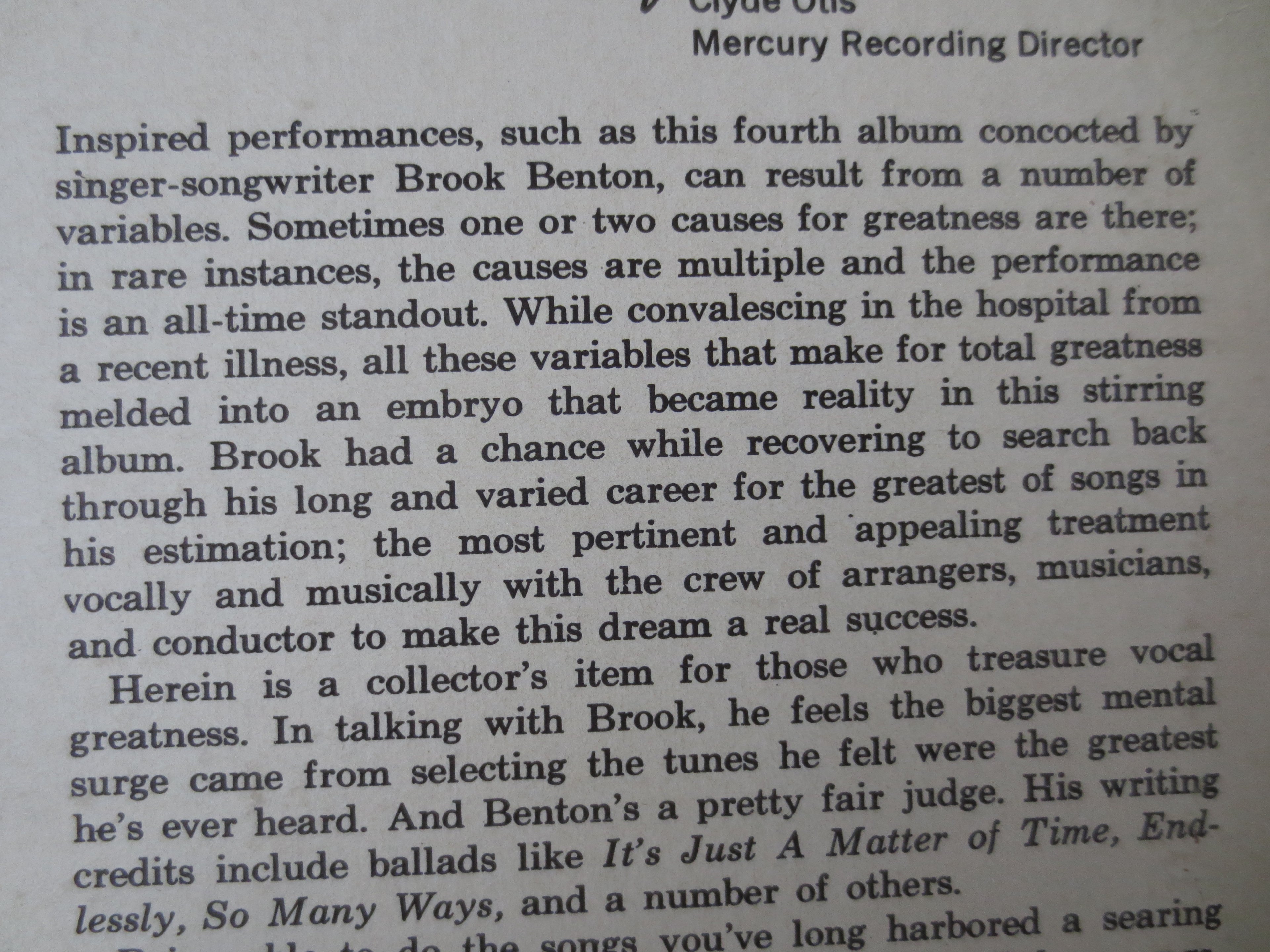 Brook Benton – Songs I Love to Sing (1960) Vinyl LP