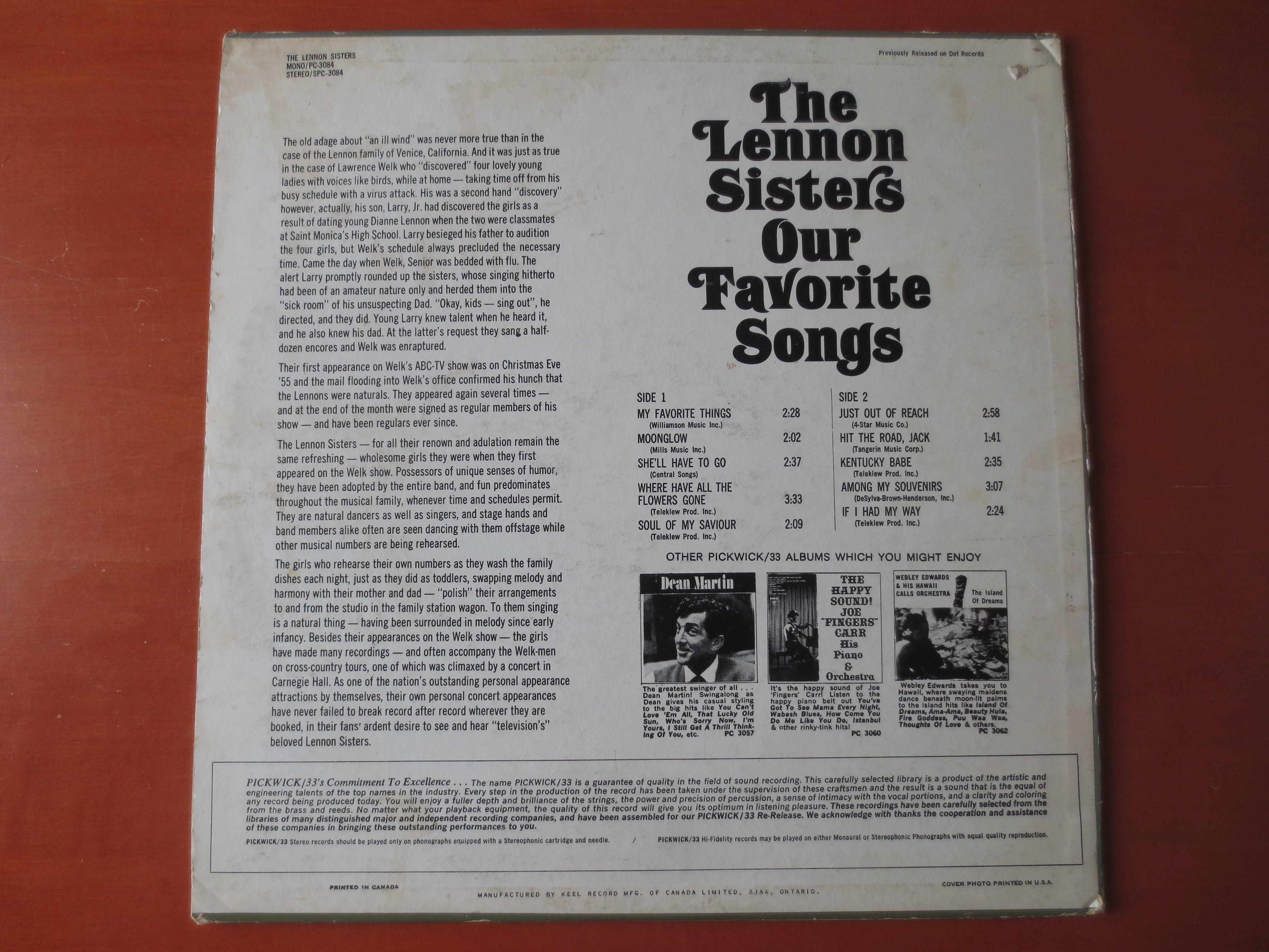 The Lennon Sisters – Our Favorite Songs (1958) Vinyl LP