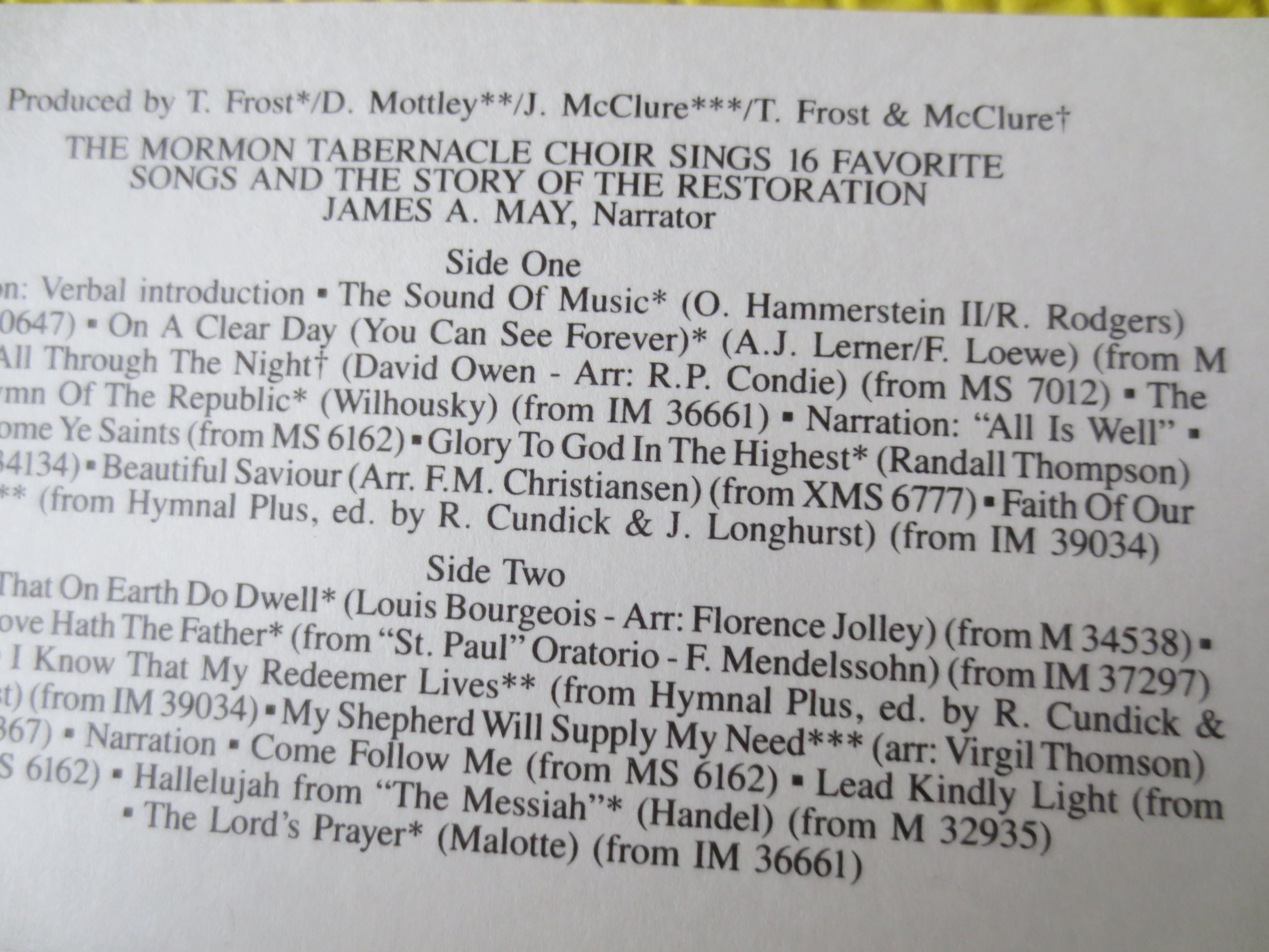 Mormon Tabernacle Choir – 16 Favourite Songs (1985) Cassette