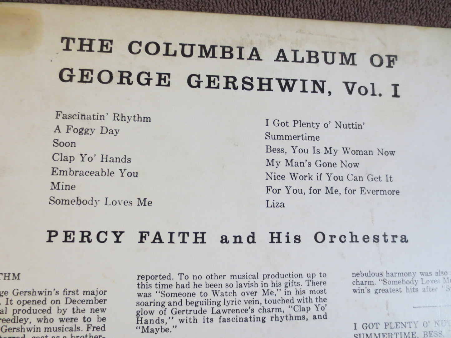 PERCY FAITH, George GERSHWIN Lp, Colmbia Records, Percy Faith Album, Percy Faith Vinyl, Vinyl Lp, Lps, 1958 Records