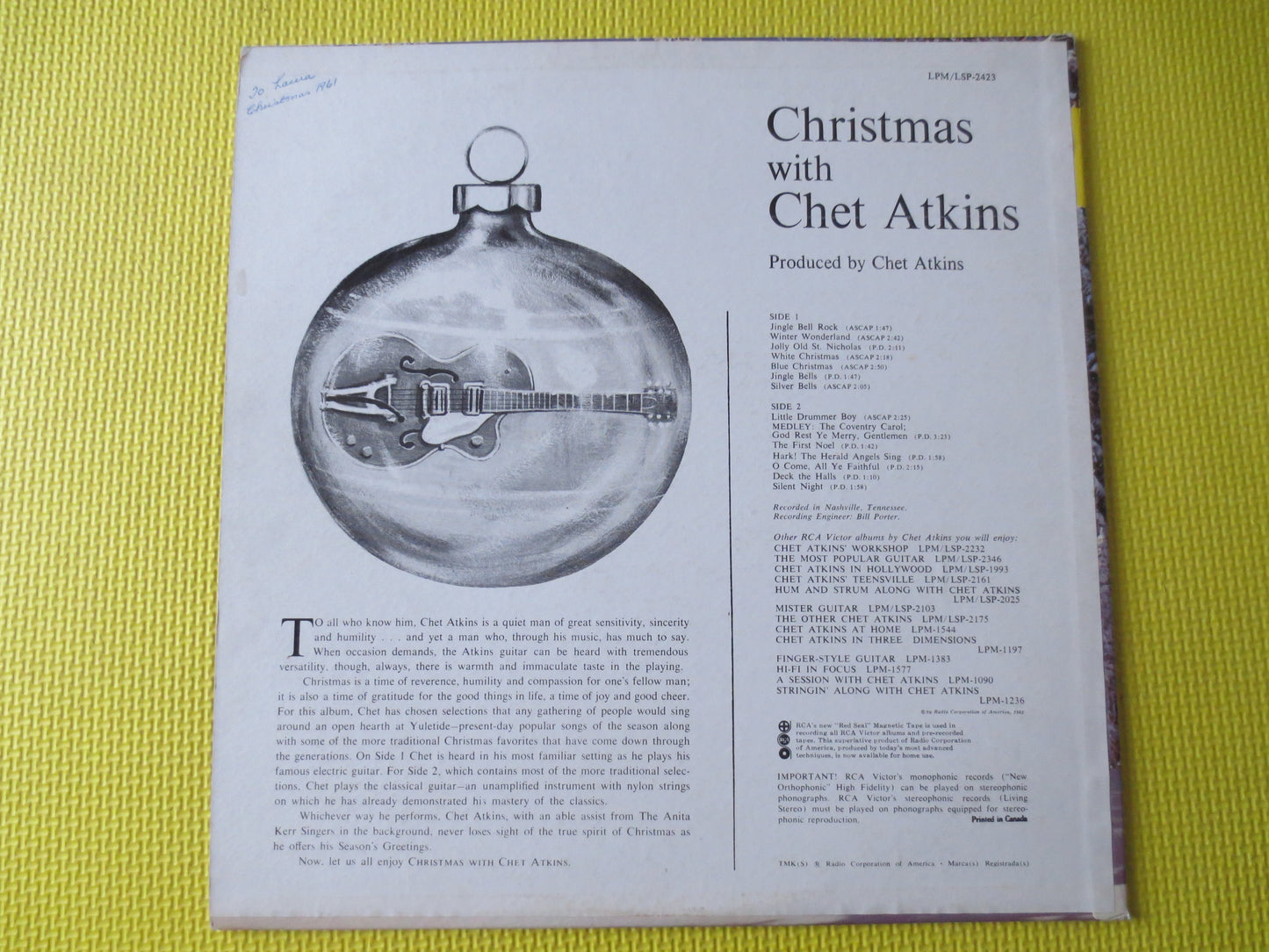 CHET ATKINS, CHRISTMAS, Christmas Music, Christmas Songs, Christmas Carols, Christmas Hymns, Christmas lps, 1961 Records