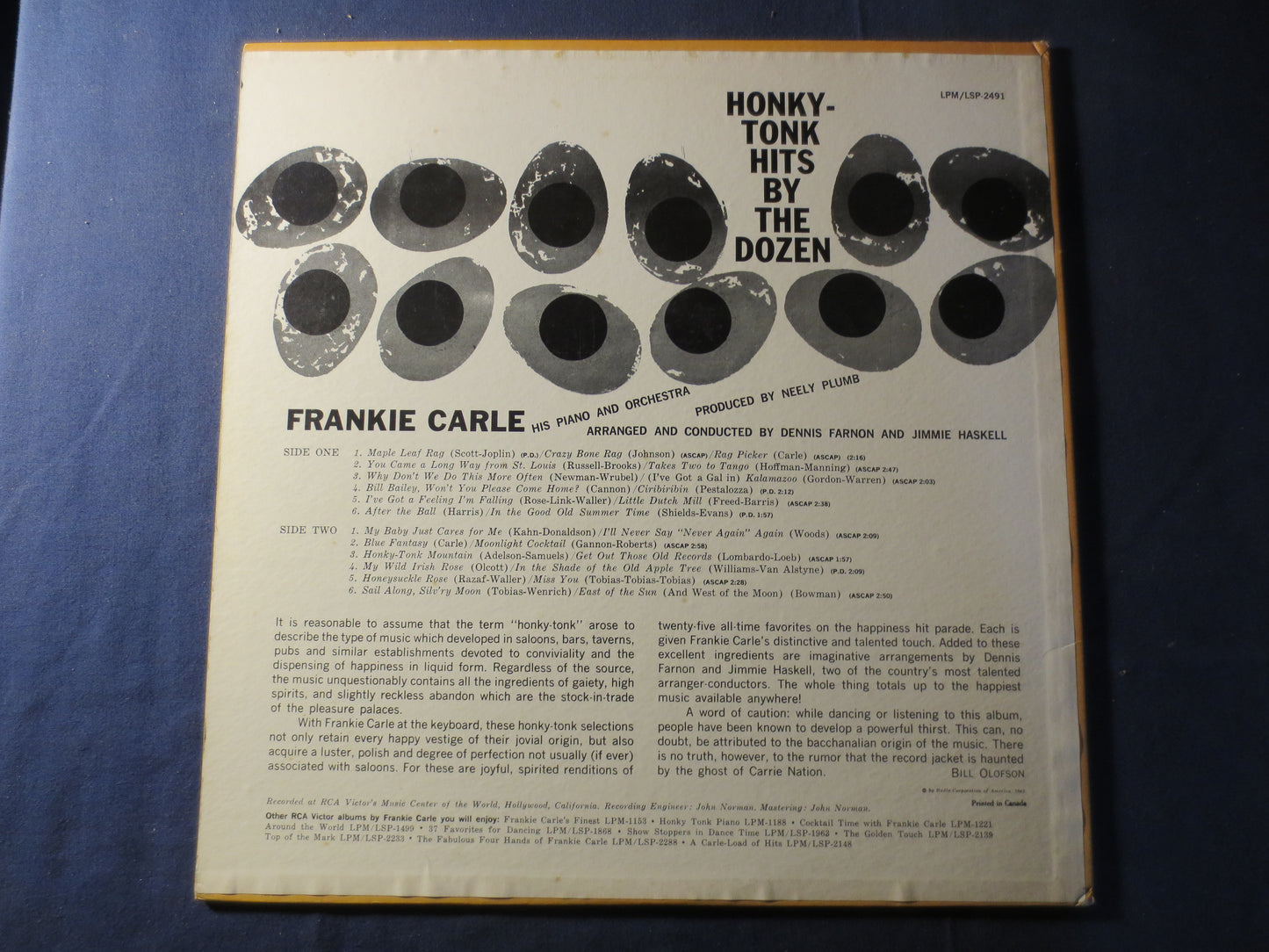 FRANKIE CARLE, HONKY Tonk Hits by the Dozen, Ragtime Records, Vintage Vinyl, Vinyl Records, Vinyl, Records, 1962 Records
