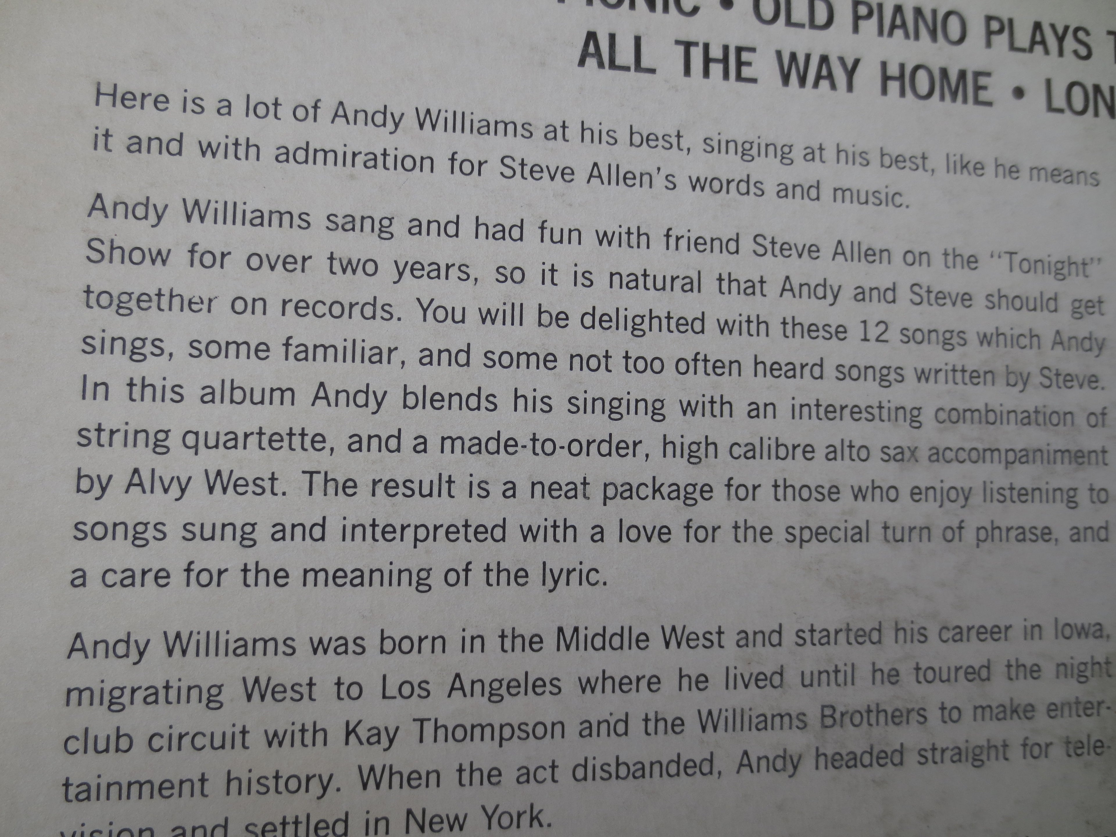 Andy Williams – Sings Steve Allen (1956) Vinyl LP