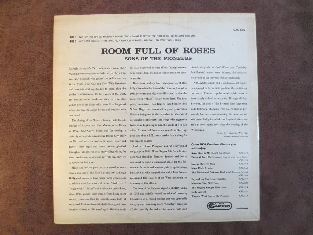 The Sons of the Pioneers – Room Full of Roses (1960) Vinyl LP