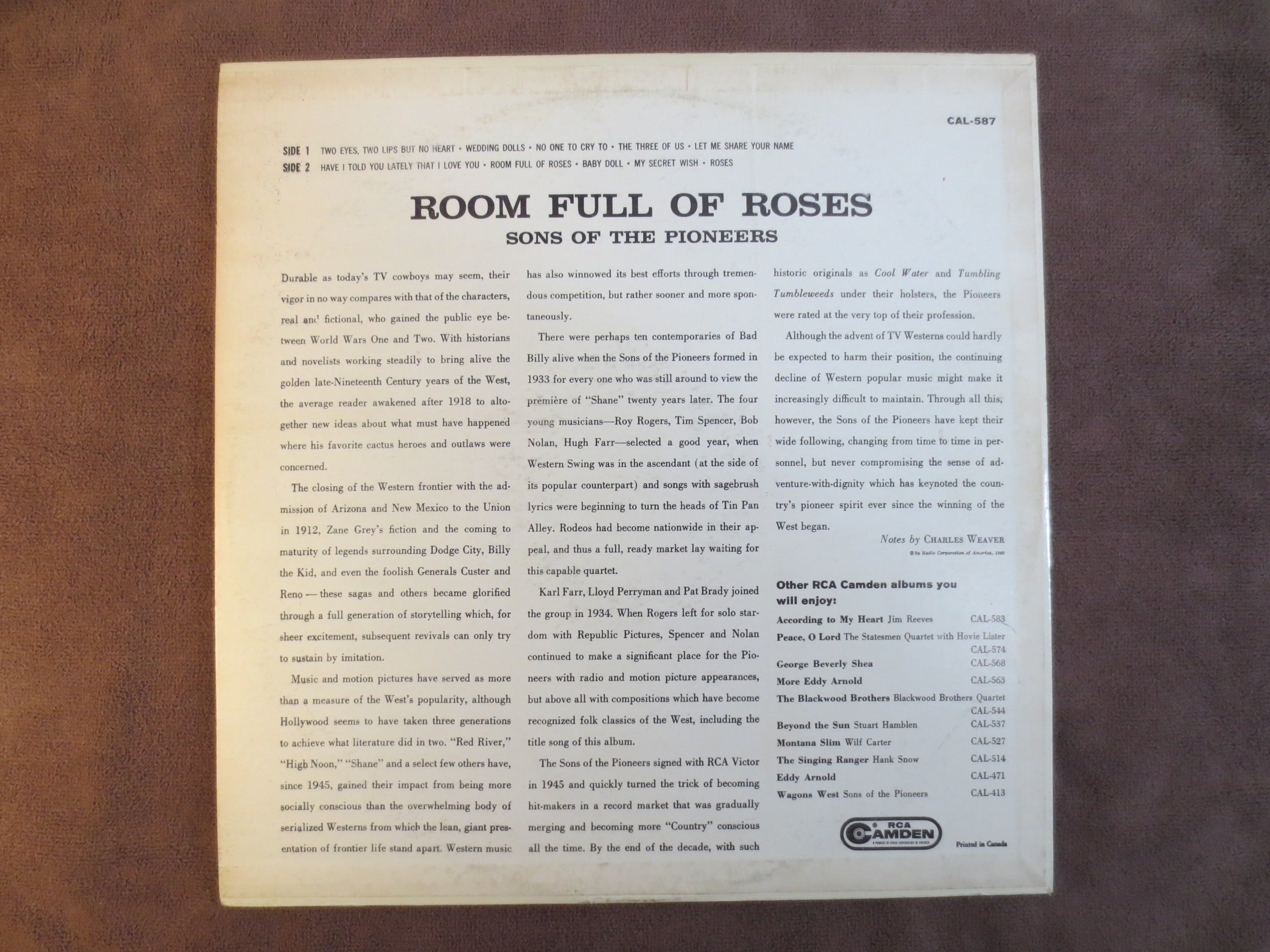 The Sons of the Pioneers – Room Full of Roses (1960) Vinyl LP