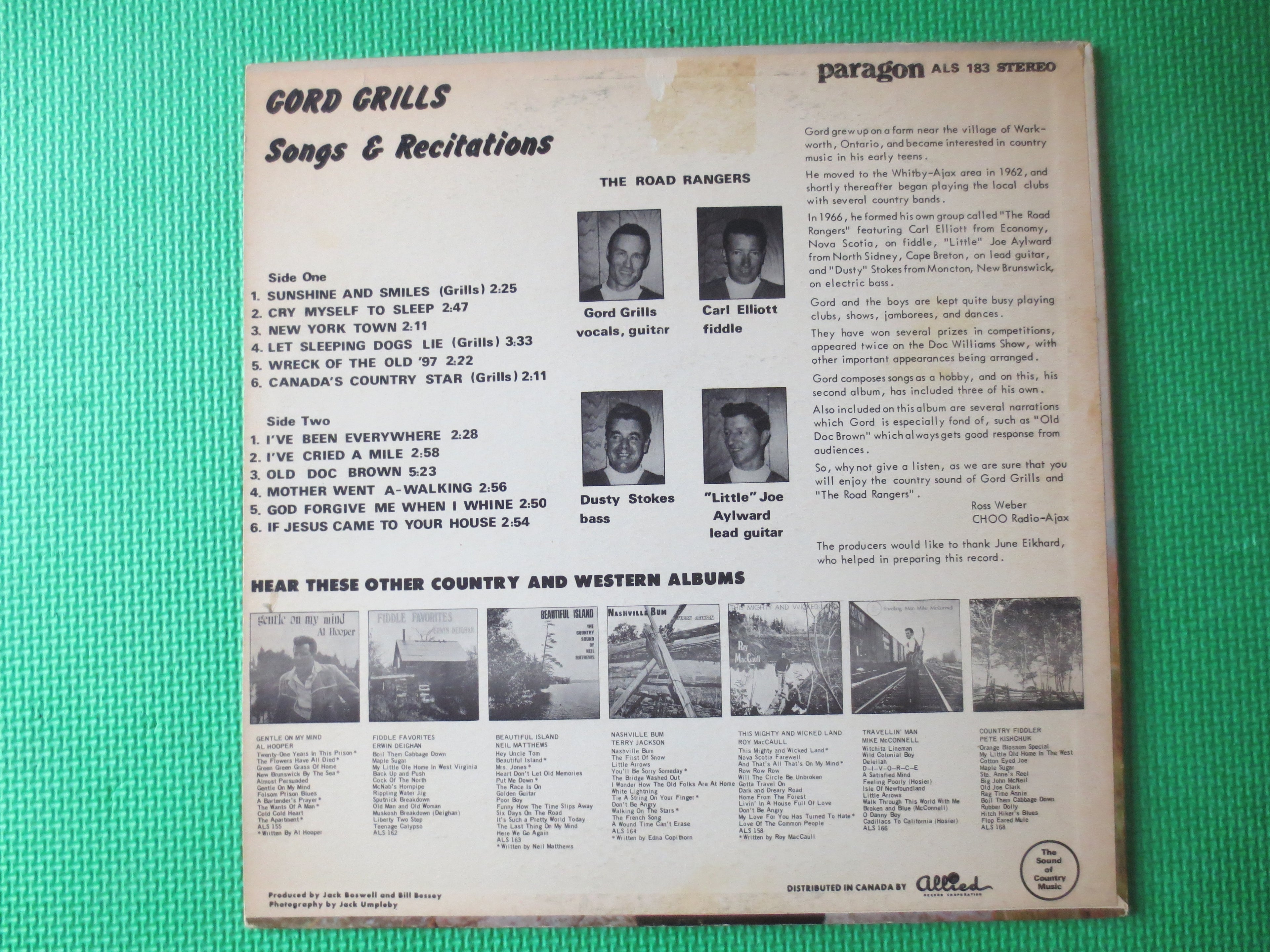 GORD GRILLS, SONGS and Recitations, Gord Grills Records, Gord Grills lp, Gord Grills Albums, Vintage Vinyl, 1968 Records