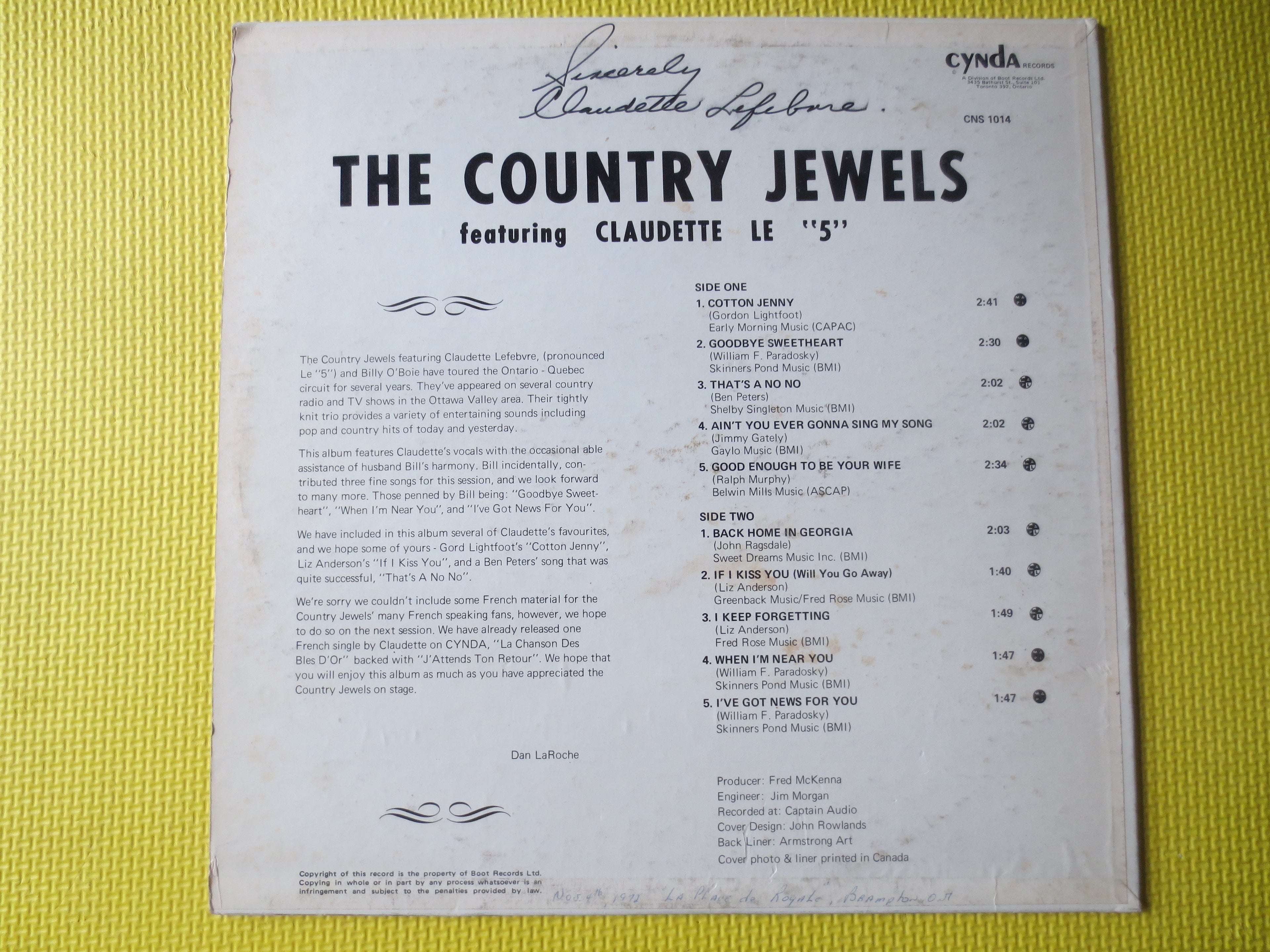 Claudette Lefèbre & the Country Jewels – Autographed (1972) Vinyl LP
