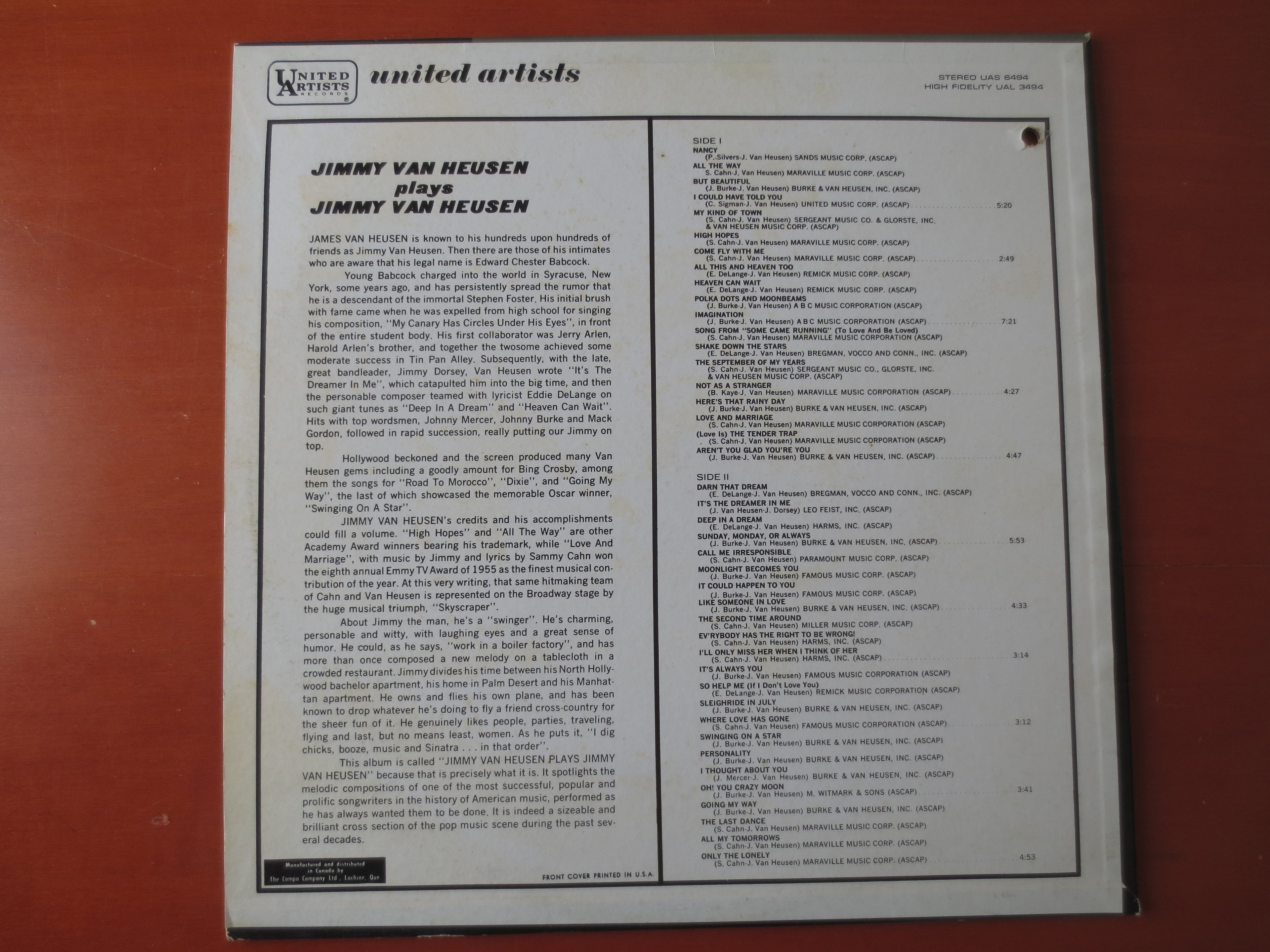 Jimmy Van Heusen – Jimmy Van Heusen Plays Jimmy Van Heusen (1966) Vinyl LP