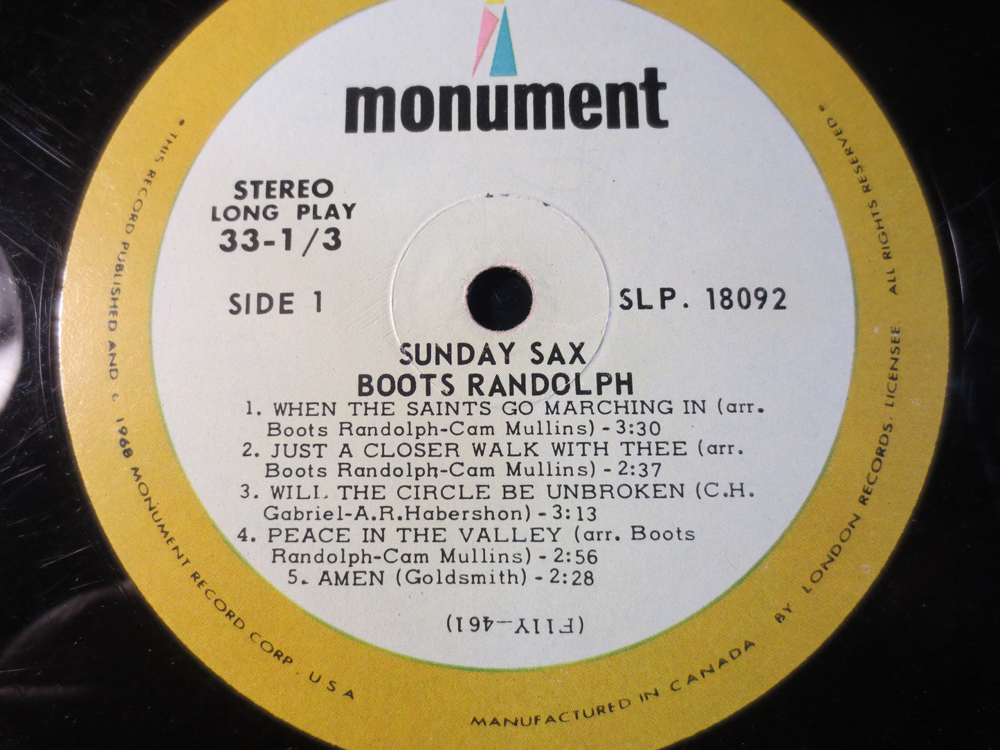 BOOTS RANDOLPH, Sunday SAX, Jazz Records, Jazz Vinyl, Vintage Vinyl, Record Vinyl, Records, Vinyl Records, 1968 Records