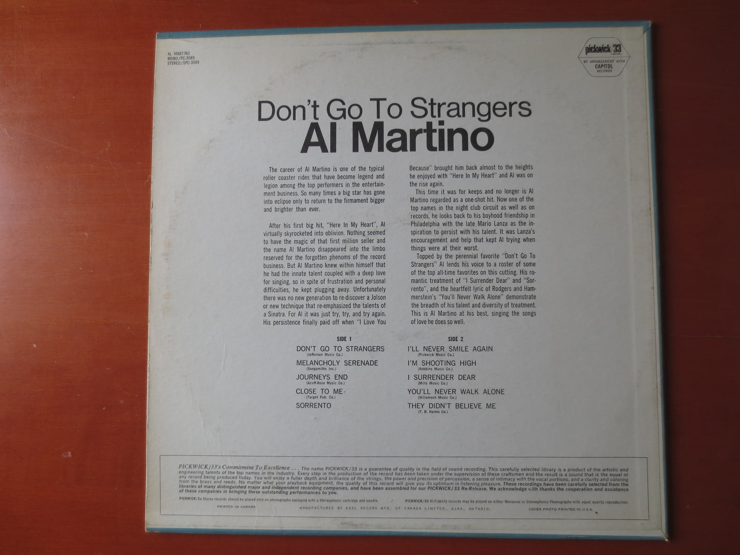 AL MARTINO, Don't Go To STRANGERS, Al Martino Album, Al Martino Vinyl, Al Martino Lp, Vinyl Albums, Lp, 1966 Records