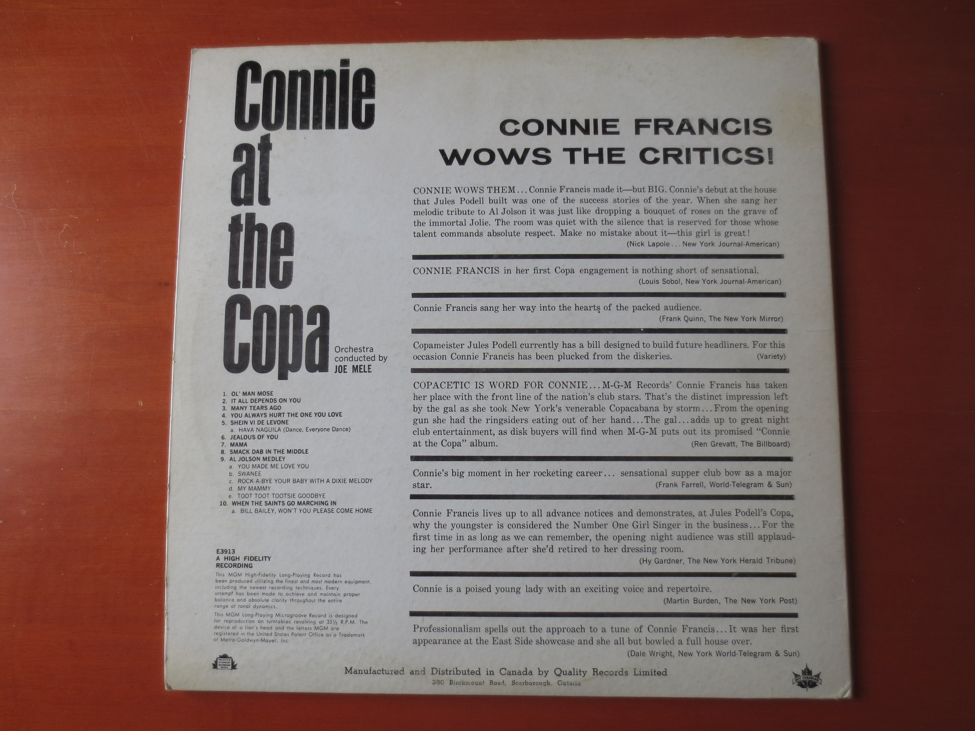 Connie Francis – At the Copa (1961) Vinyl LP