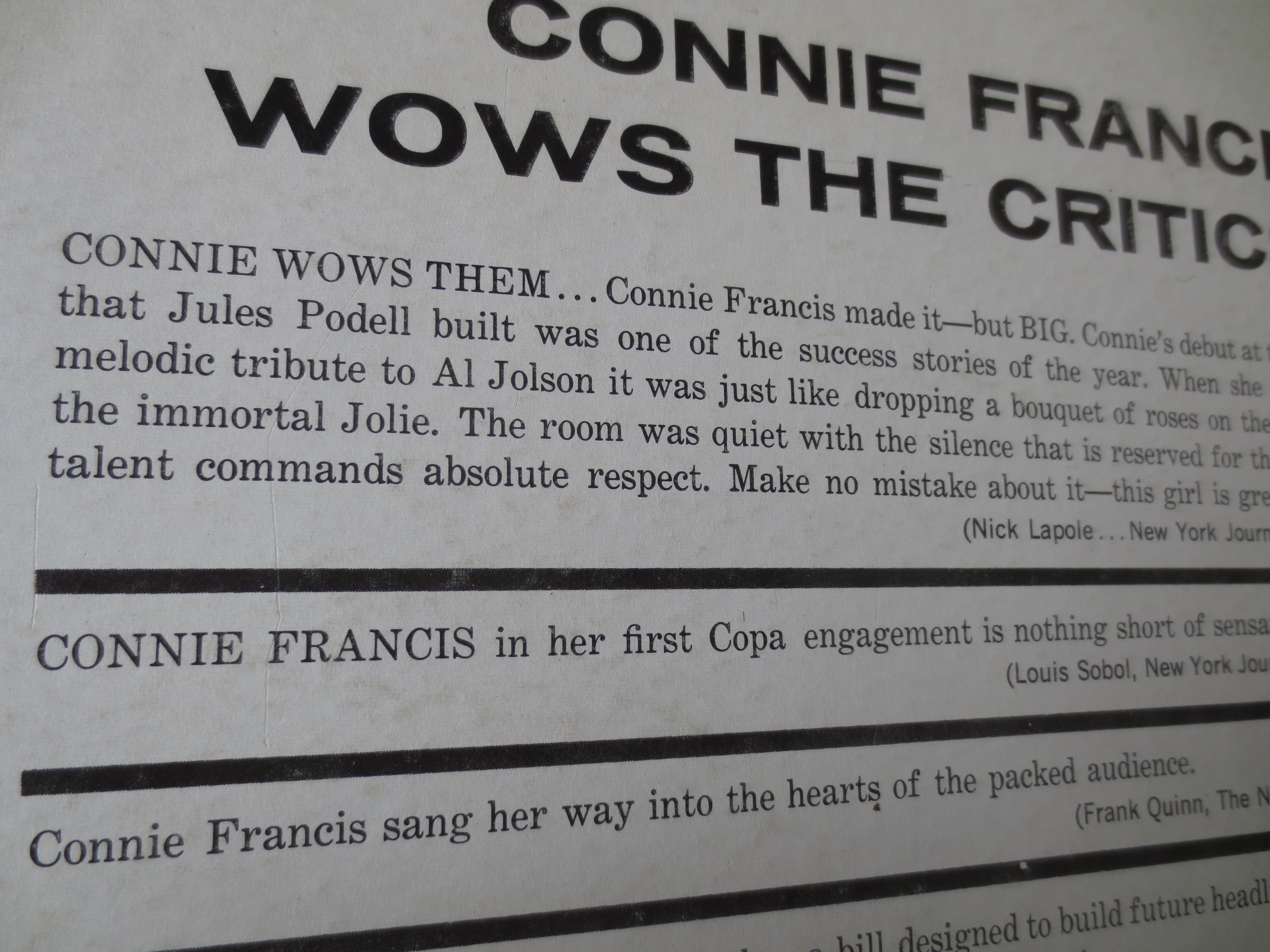 Connie Francis – At the Copa (1961) Vinyl LP