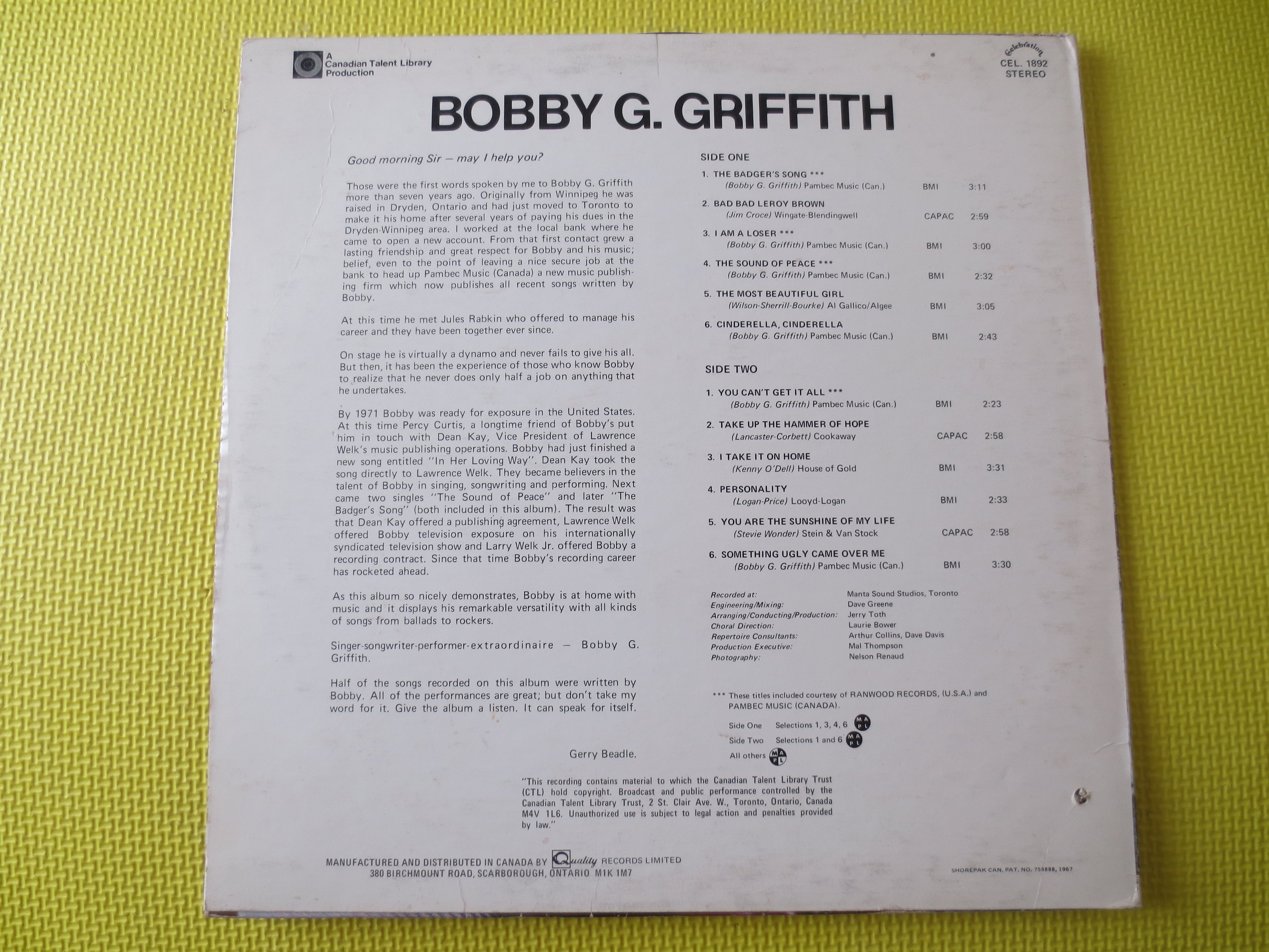 Bobby G. Griffith – Bobby G. Griffith (1974) Vinyl LP