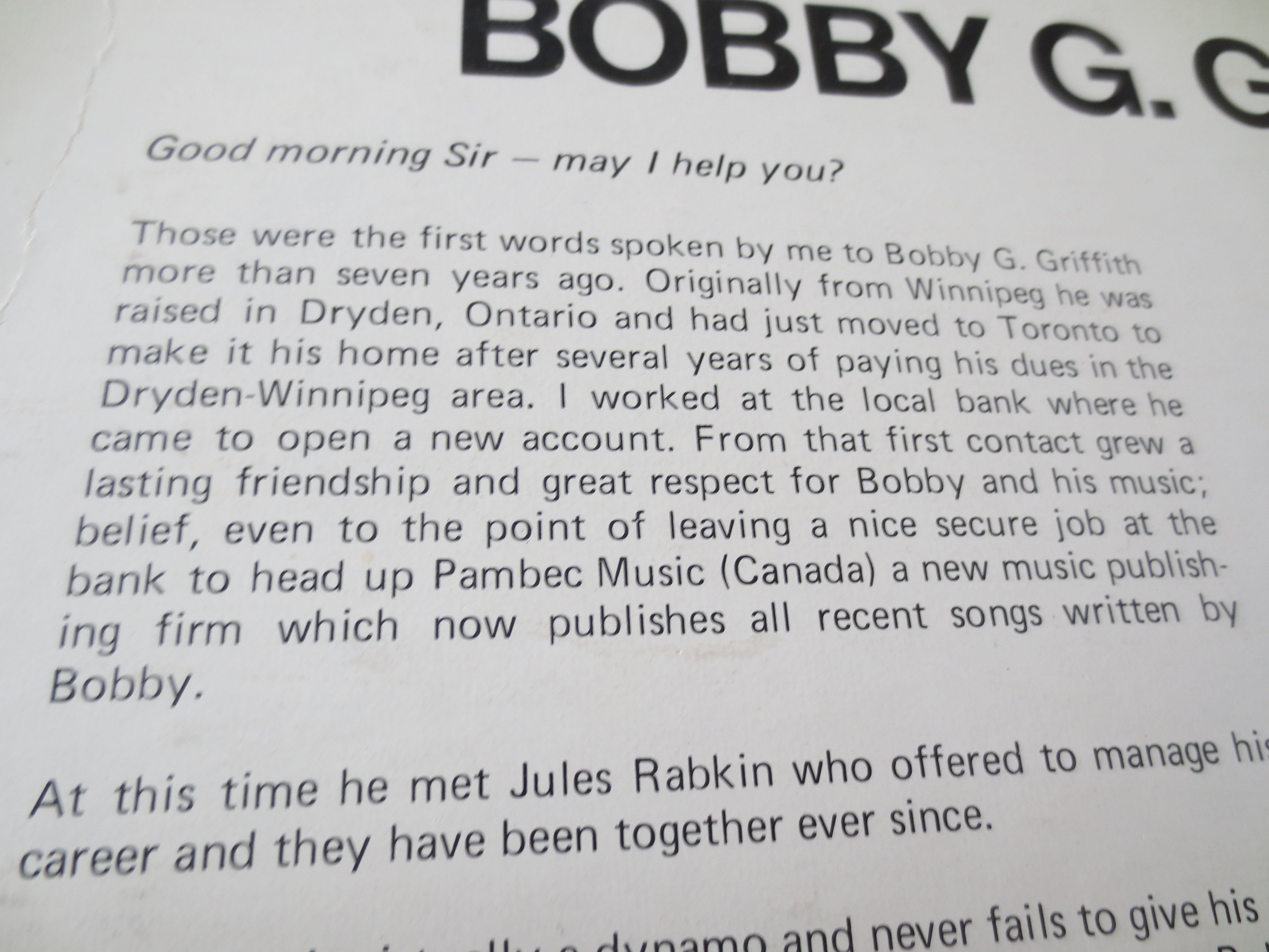 Bobby G. Griffith – Bobby G. Griffith (1974) Vinyl LP