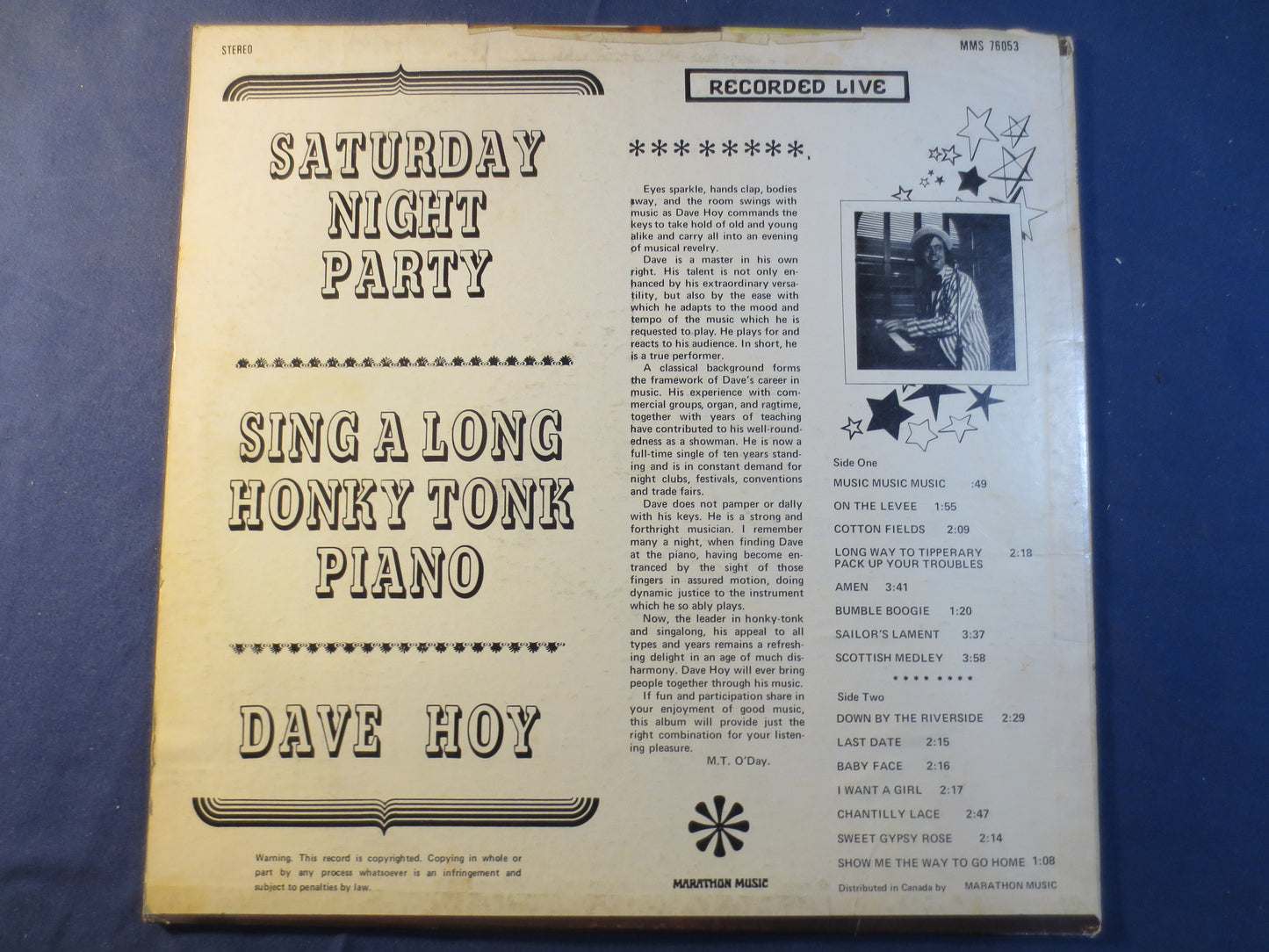 DAVE HOY, SATURDAY Night Party, Honky Tonk Record, Ragtime Records, Vintage Vinyl, Record Vinyl, Vinyl Record, 1974 Records