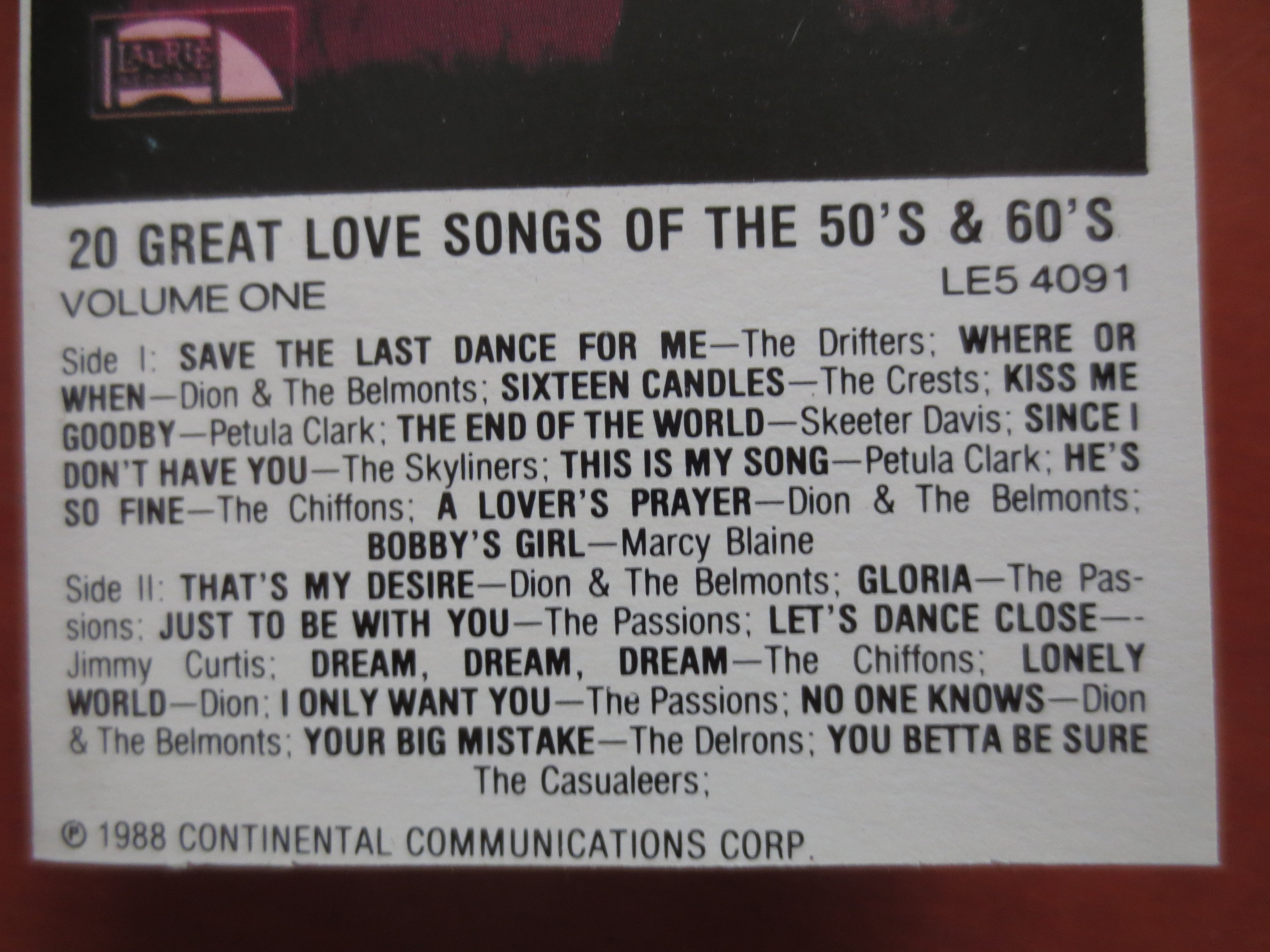 20 Great Love Songs of the 50s and 60s 1988 Cassette