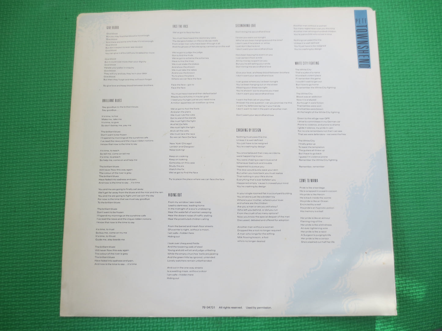 PETE TOWNSHEND, WHITE City, The Who, The Who Record, The Who Album, The Who Lp, Rock Record, Vinyl Lp, Vinyl, 1985 Records
