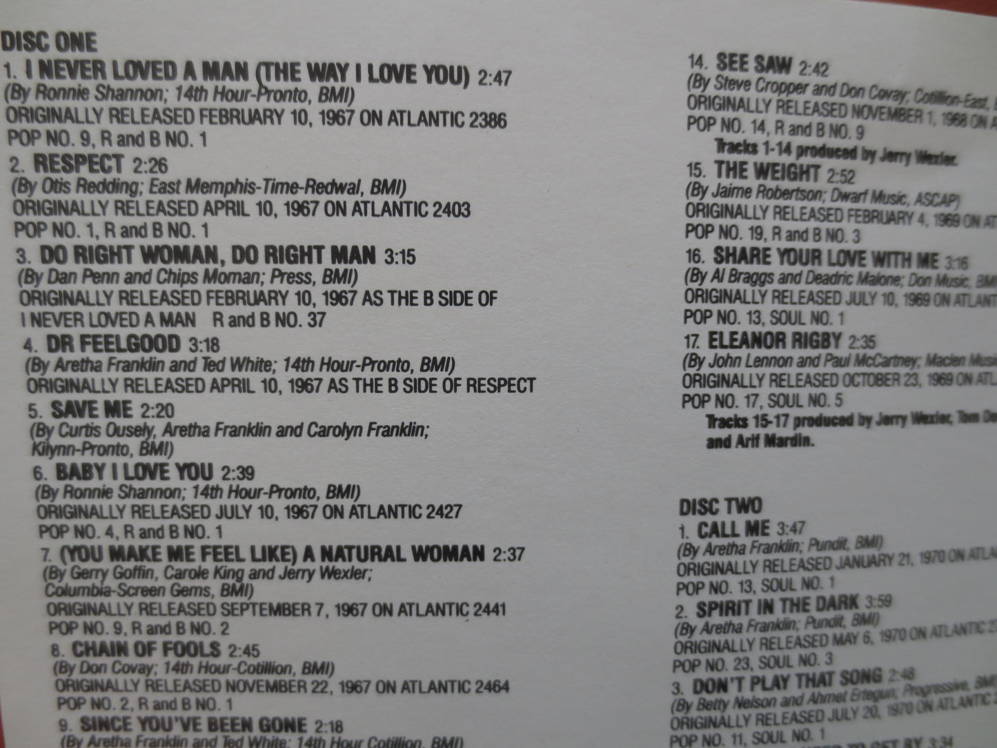 ARETHA FRANKLIN, 30 GREATEST Hits, Double Cd, Aretha Franklin Cd, Soul Music Cd, Classic Soul Cd, Pop Cd, 1986 Compact Disc
