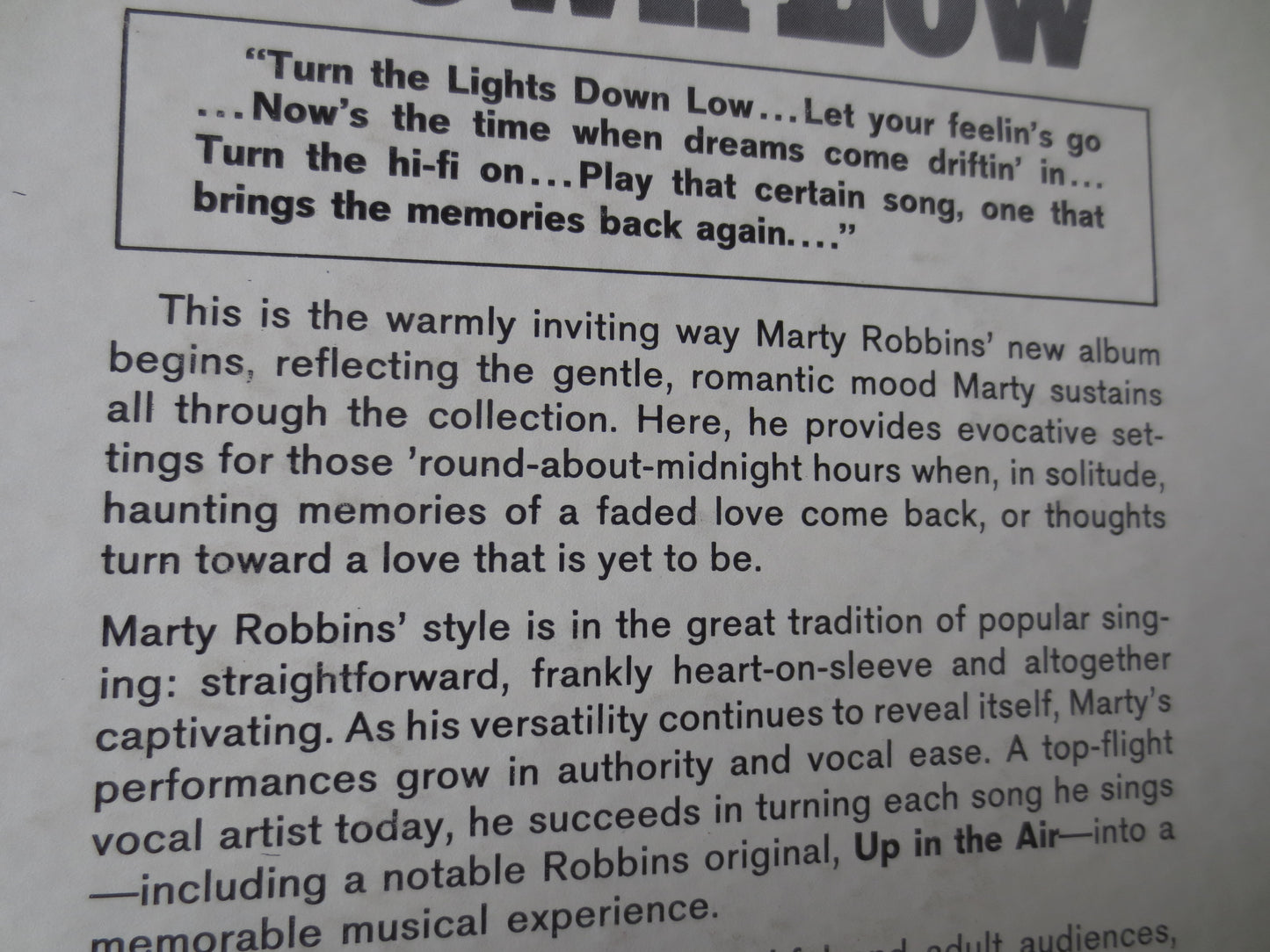 MARTY ROBBINS, Turn The LIGHTS Down Low, Country Records, Vinyl, Marty Robbins Record, Marty Robbins Albums, 1965 Records