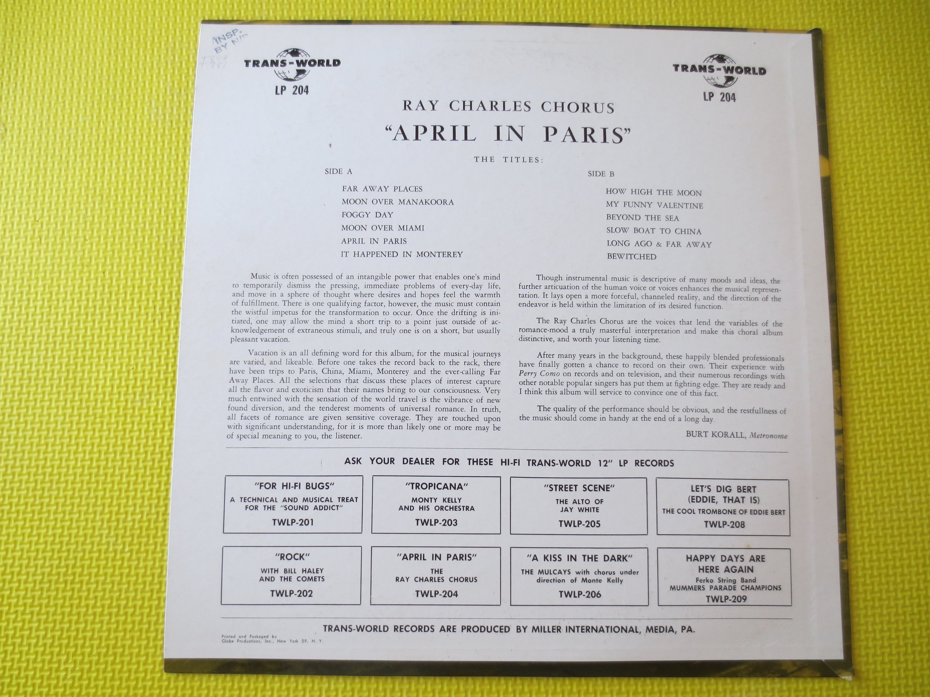 The Ray Charles Chorus – April in Paris (1962) Vinyl LP