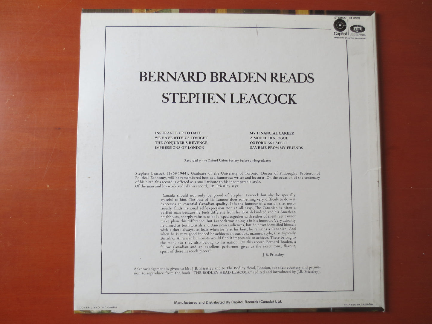 BERNARD BRADEN, STEPHEN Leacock, Vocal Records, Bernard Braden Lps, Story Records, Humor Albums, Comedy Lps, 1969 Records