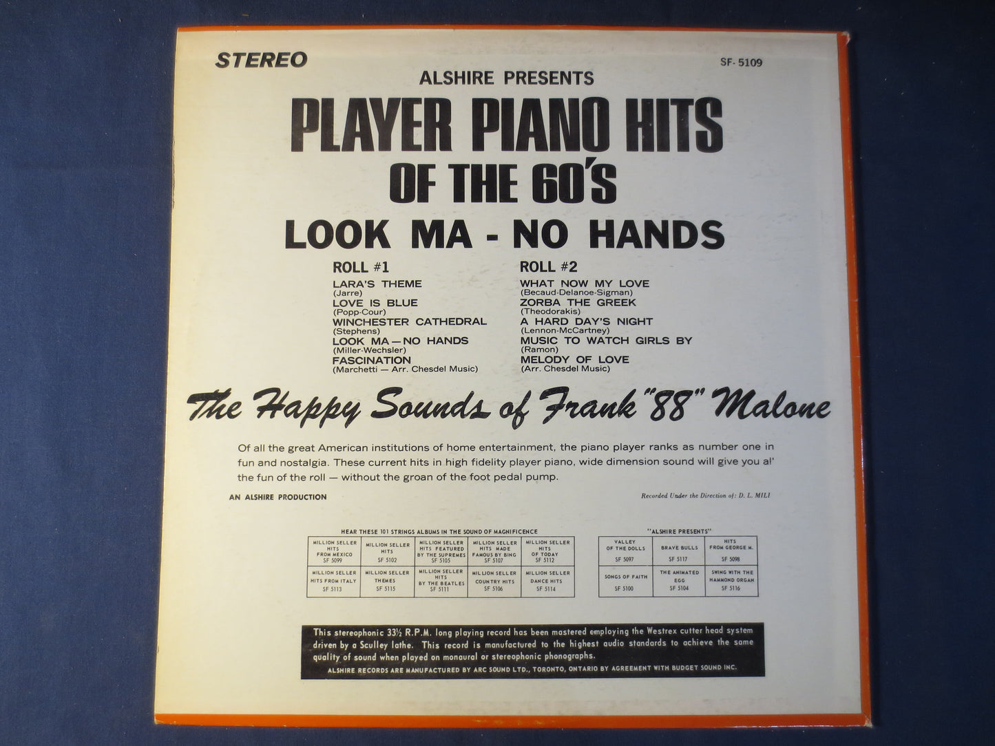 FRANK MALONE, PLAYER Piano Hits of the 60's, Ragtime Records, Honky Tonk Records, Vintage Vinyl, Vinyl Record, Record Vinyl
