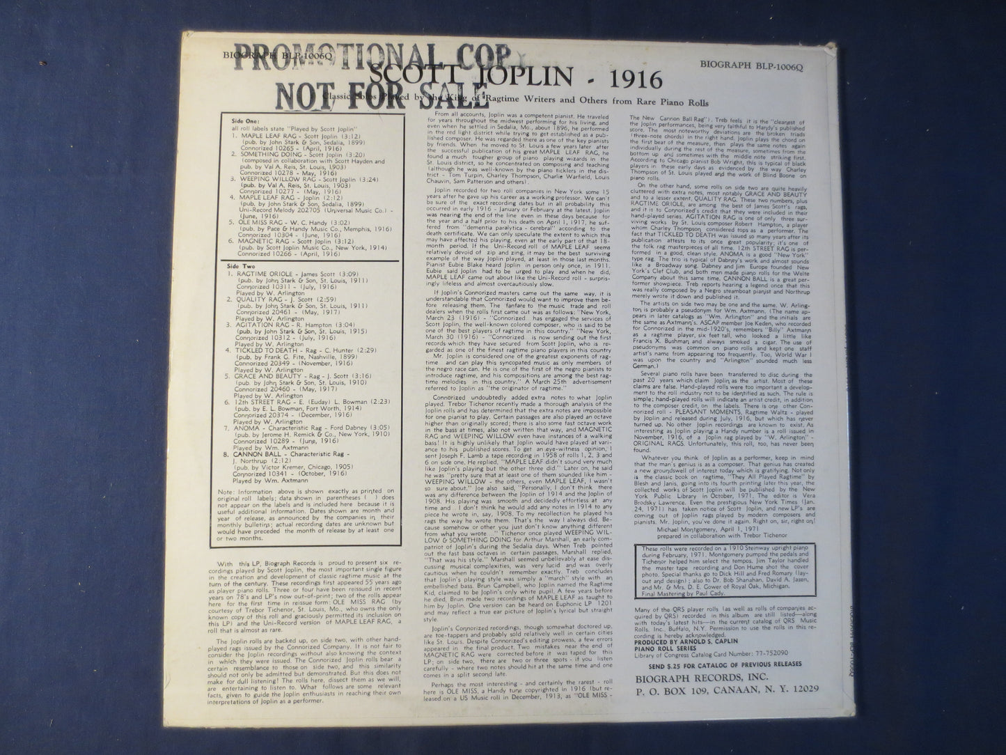 SCOTT JOPLIN, 1916 PIANO Rolls, Ragtime Records, Honky Tonk Record, Vintage Vinyl, Record Vinyl, Vinyl Record, 1971 Records