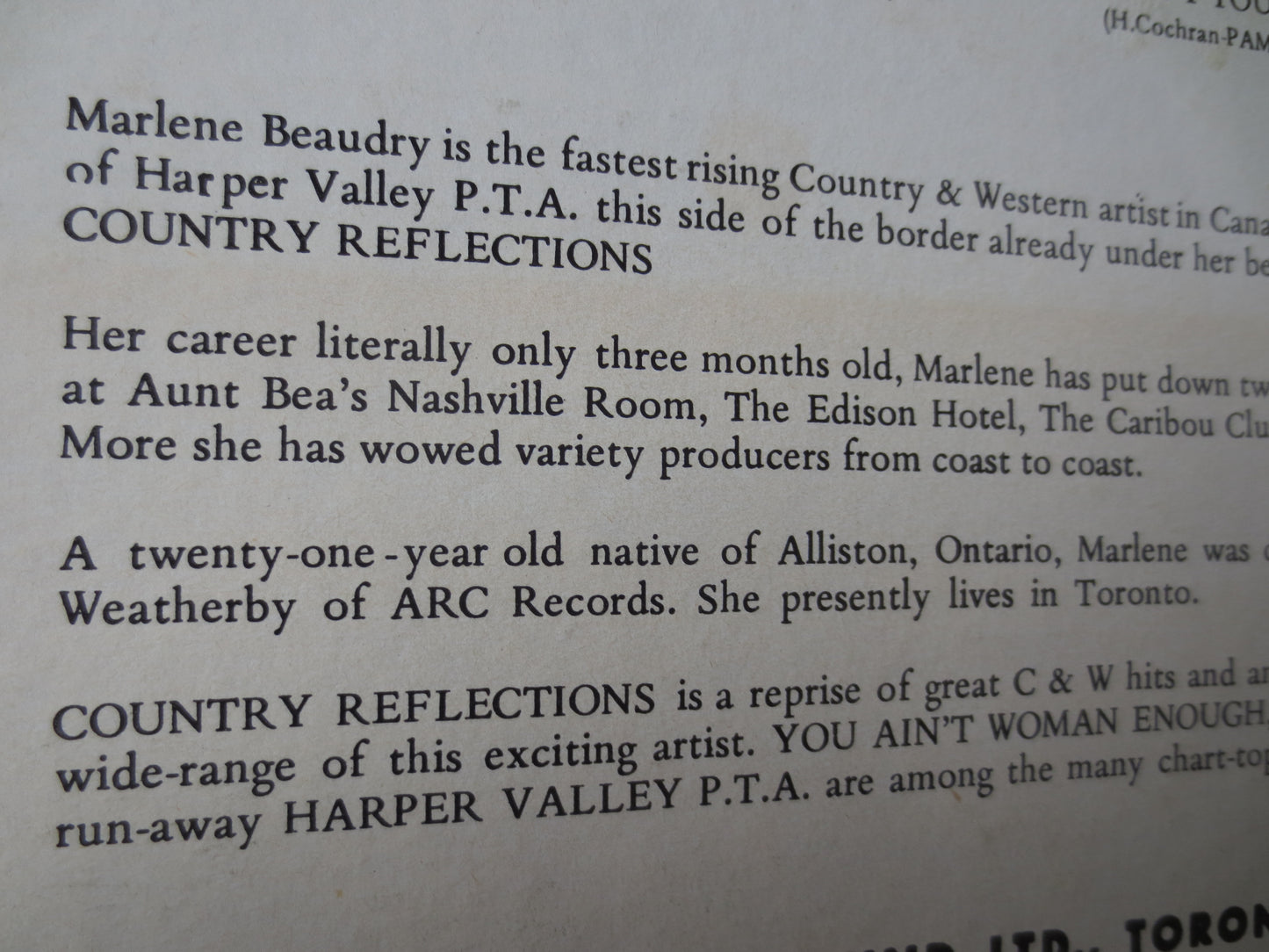 MARLENE BEAUDRY, COUNTRY Reflections, Country Records, Vintage Vinyl, Record Vinyl, Record, Vinyl Record, Lps, 1968 Records