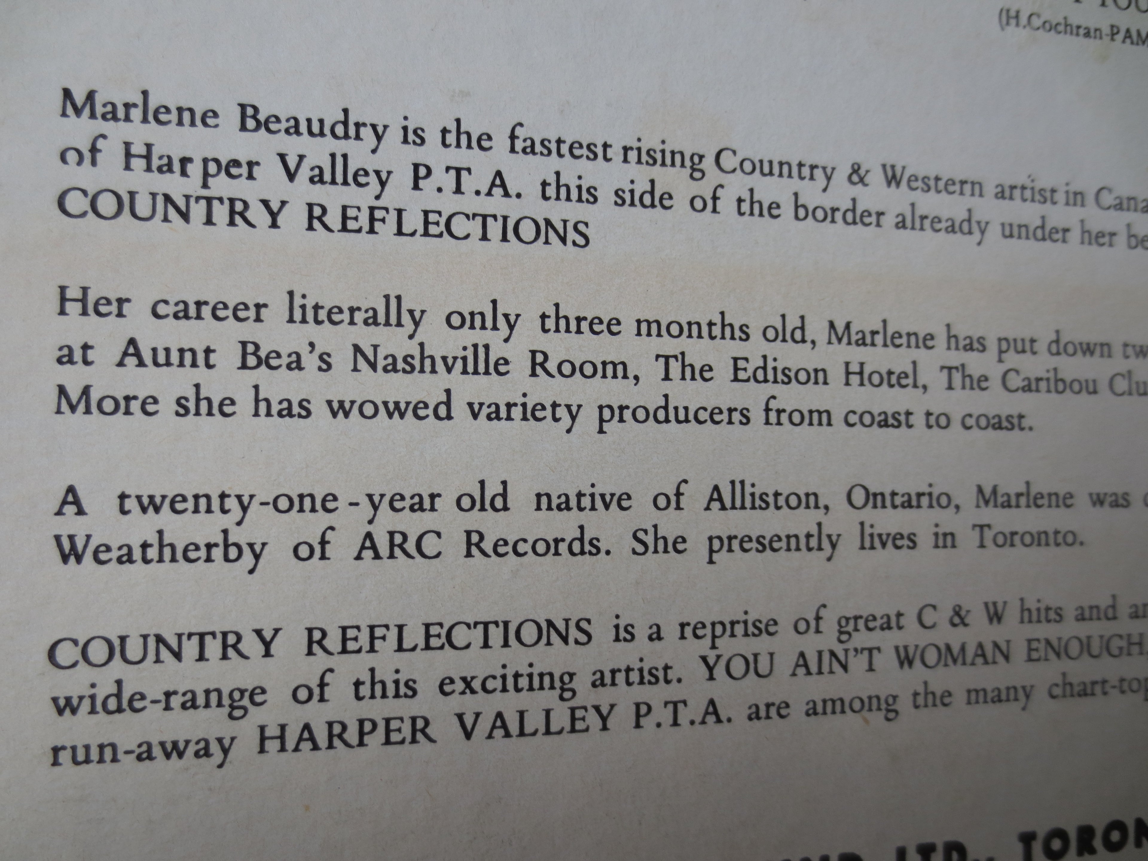 MARLENE BEAUDRY, Country Reflections, Vintage Album, 1968 Record, Vinyl Lp