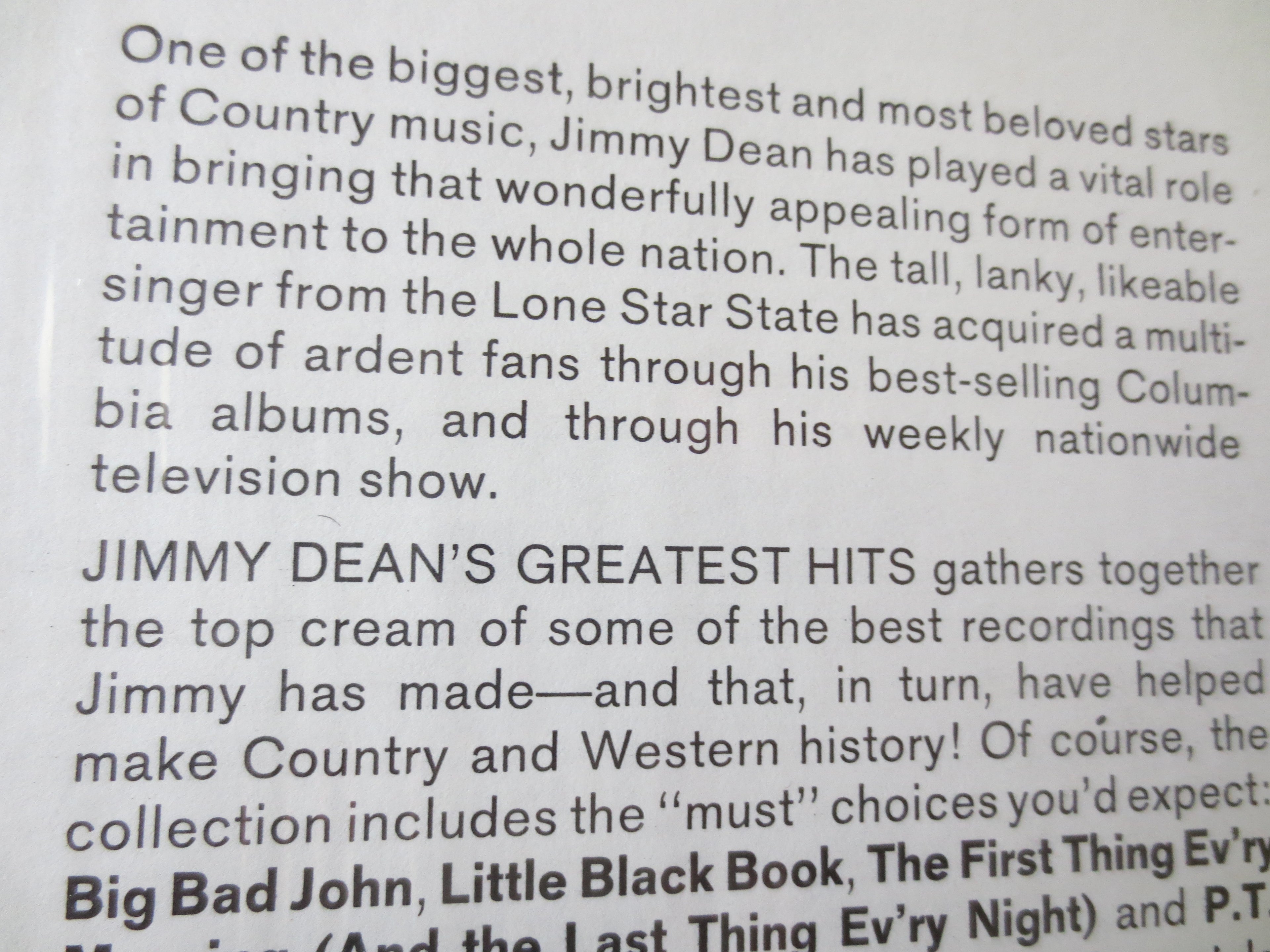 Jimmy Dean – Greatest Hits (1966) Vinyl LP