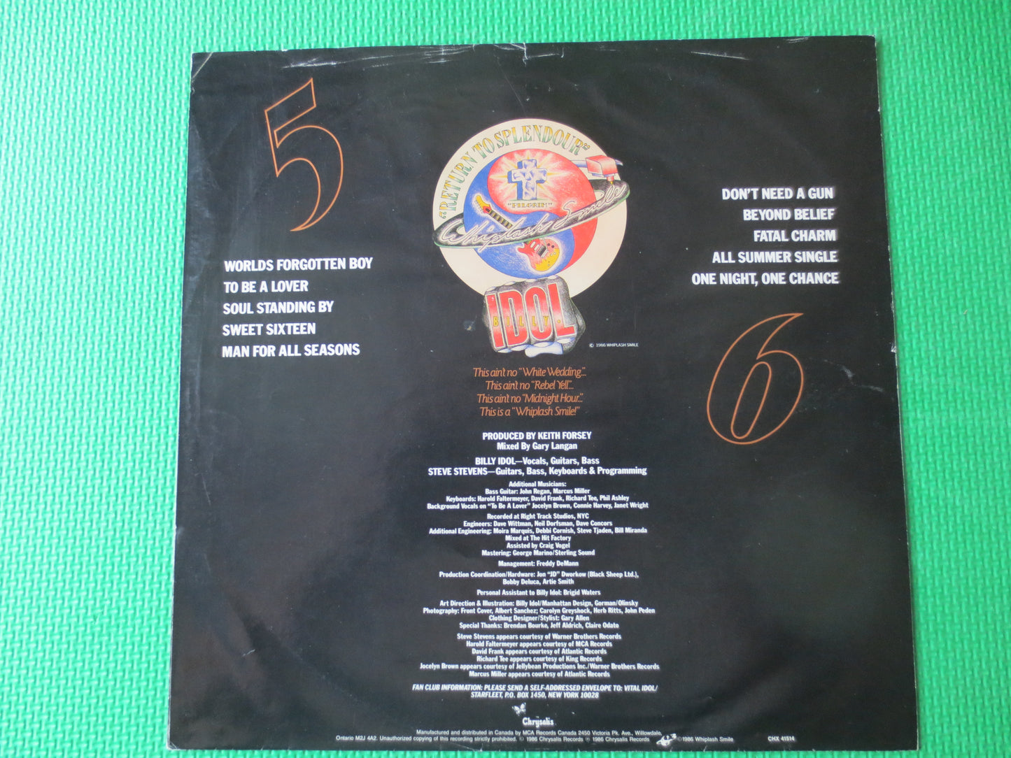 BILLY IDOL, Whiplash Smile, Billy IDOL Album, Billy Idol Vinyl, Vintage Vinyl, Vinyl Lp, Vinyl Records, 1986 Records