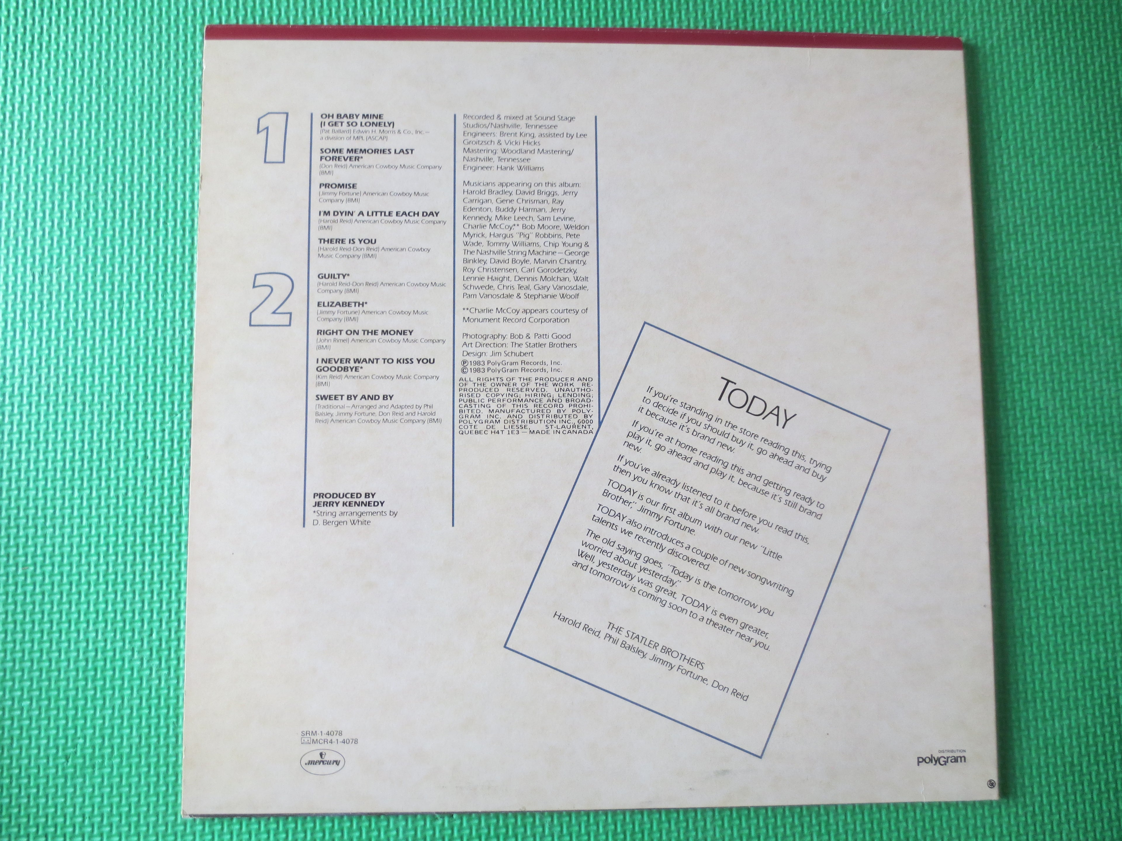 The STATLER BROTHERS, Today, Vintage Album, 1982 Record, Vinyl Lp