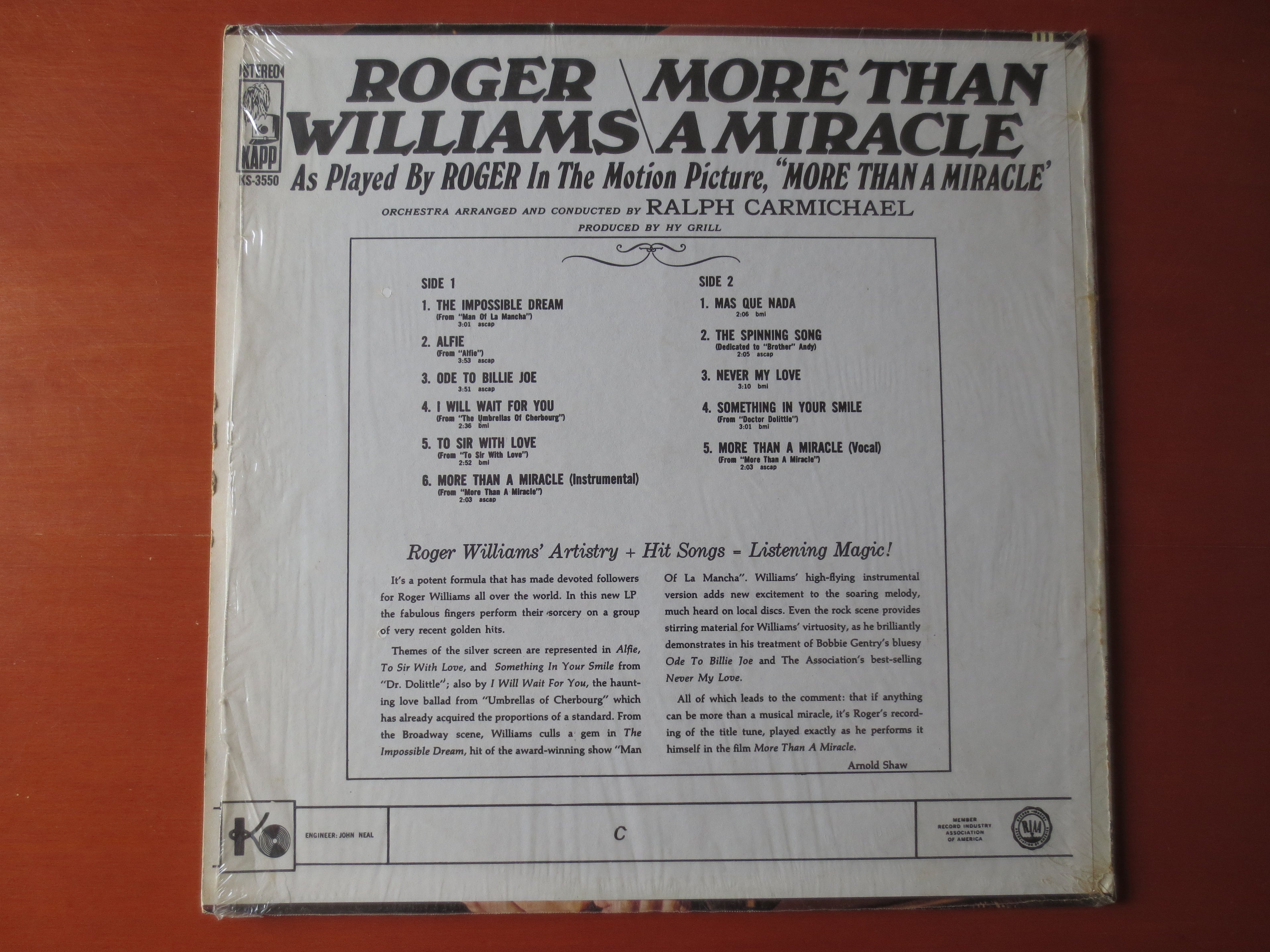 Roger Williams – More Than a Miracle (1968) Vinyl LP