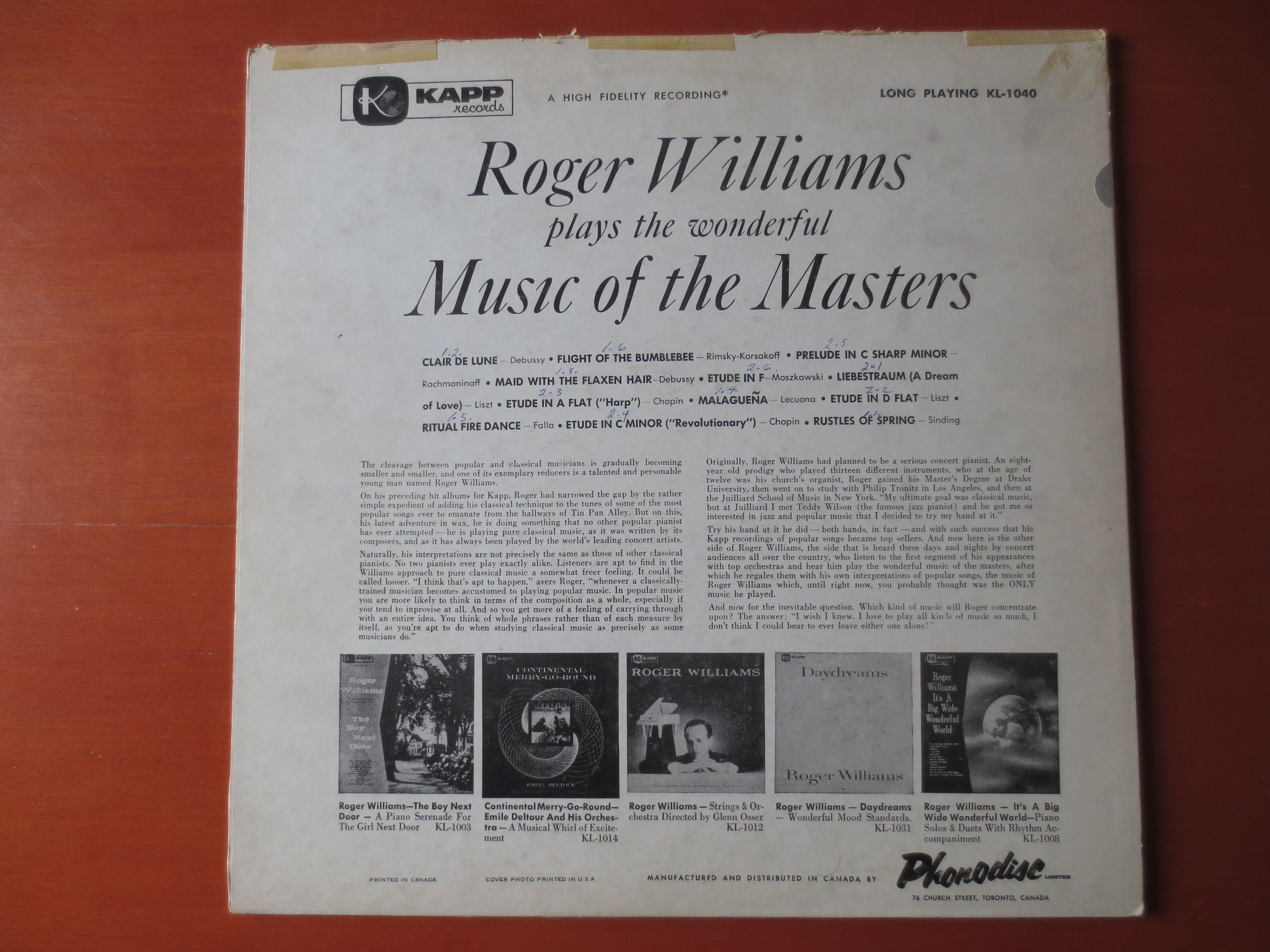 Roger Williams – Music of the Masters (1956) Vinyl LP