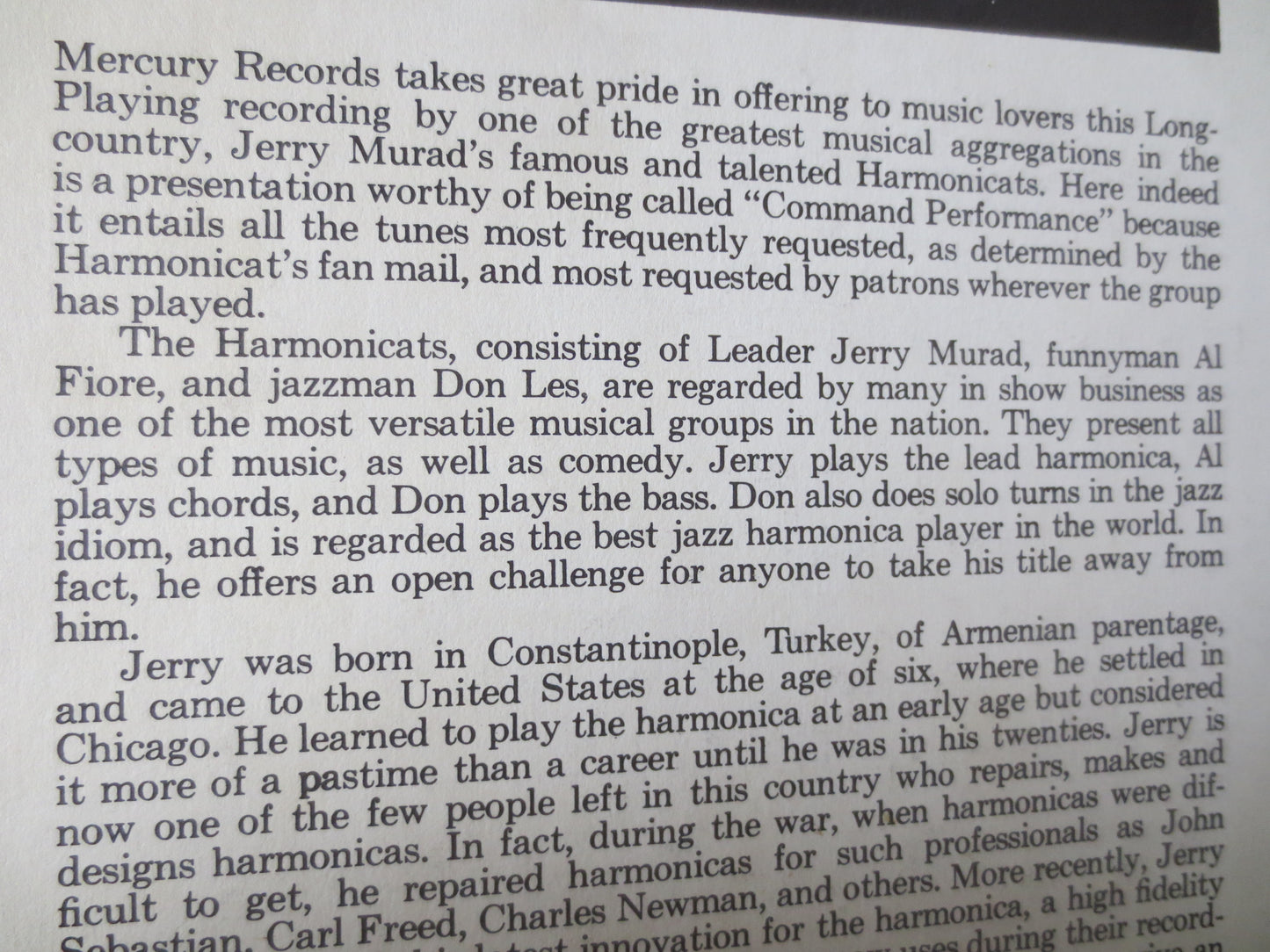 The HARMONICATS, Command PERFORMANCE, The HARMONICATS lps, Jazz Record, Vintage Vinyl, Record Vinyl, Vinyl lp, 1956 Records
