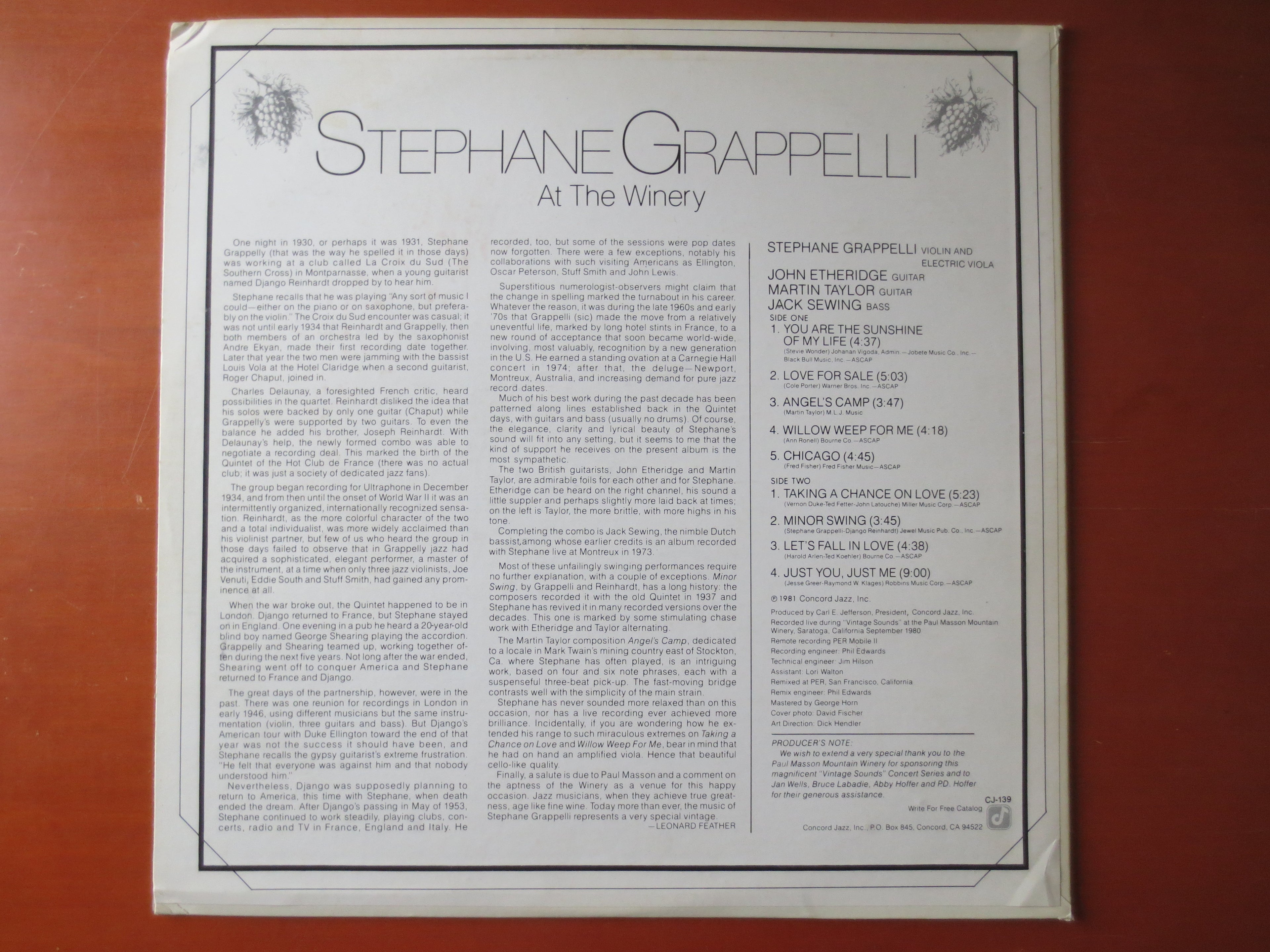 Stéphane Grappelli – At the Winery (1981) Vinyl LP