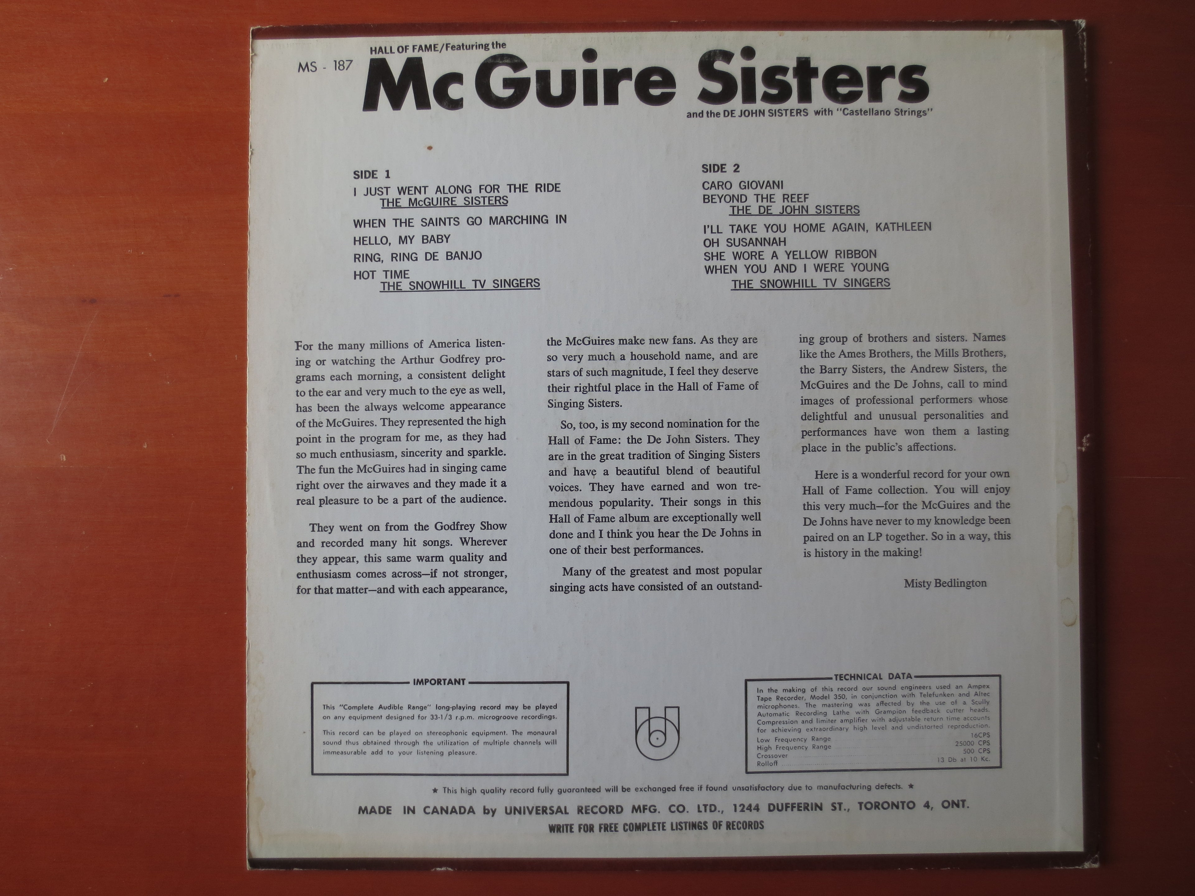 The McGuire Sisters – Hall of Fame (1963) Vinyl LP