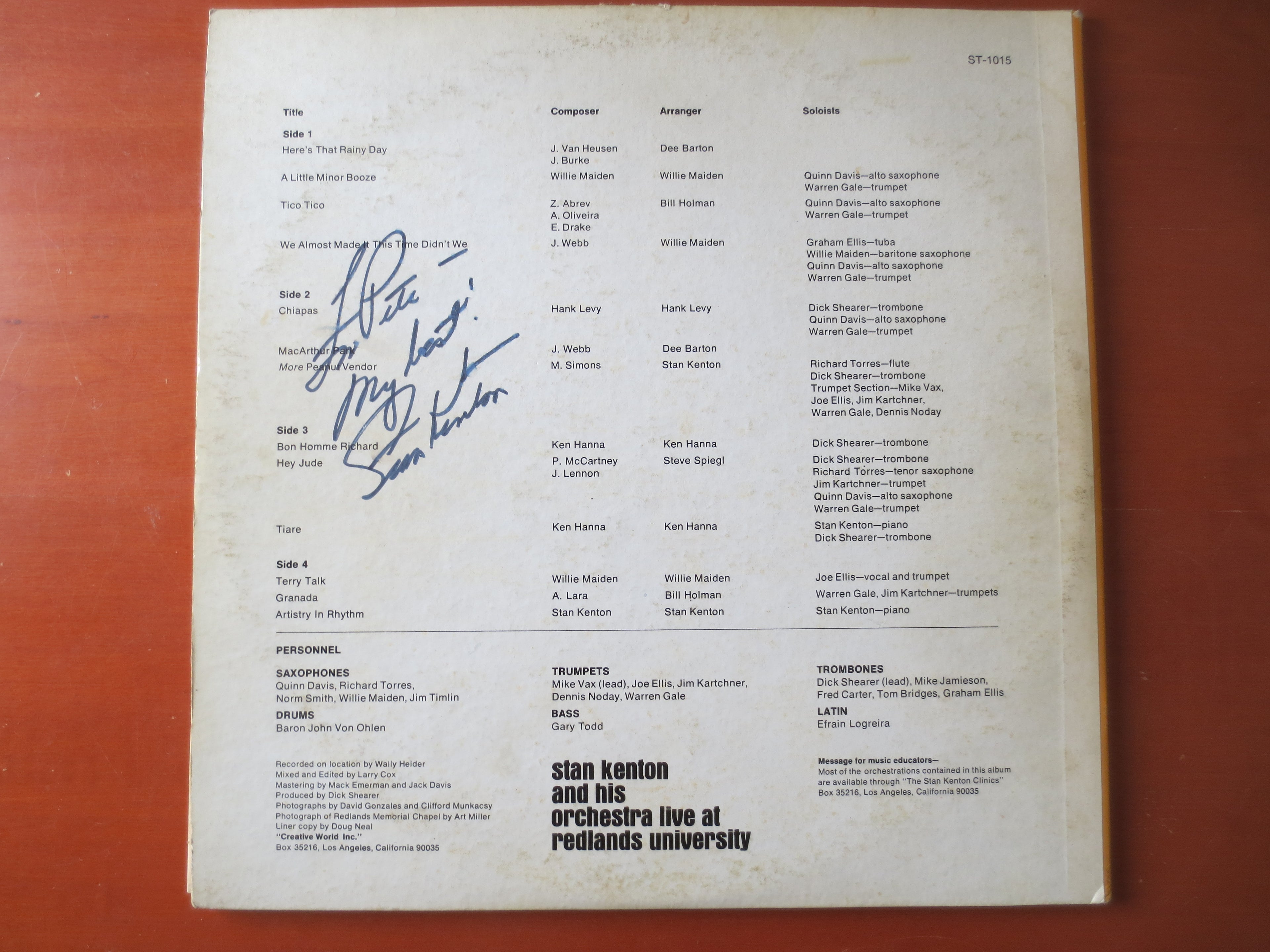 Stan Kenton & His Orchestra – Live at Redlands University (1970) Vinyl 2xLP — Autographed