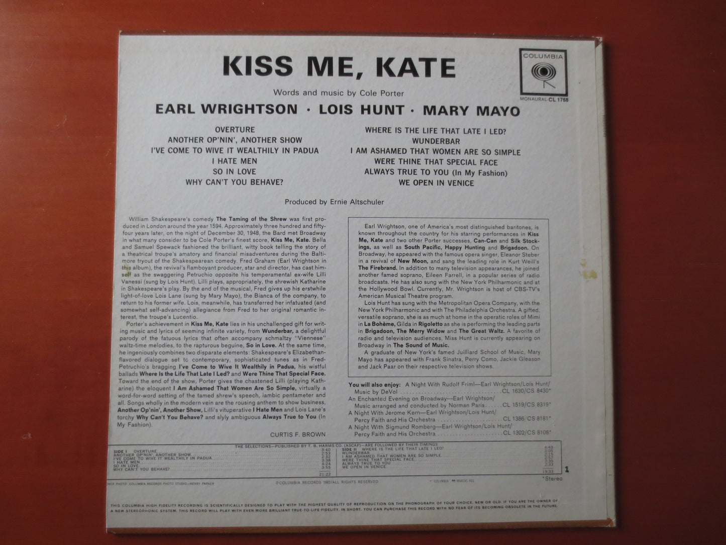 KISS ME KATE, Lois Hunt Records, Mary Mayo Records, Lps, Vintage Vinyl, Record Vinyl, Records, Vinyl Records, 1962 Records